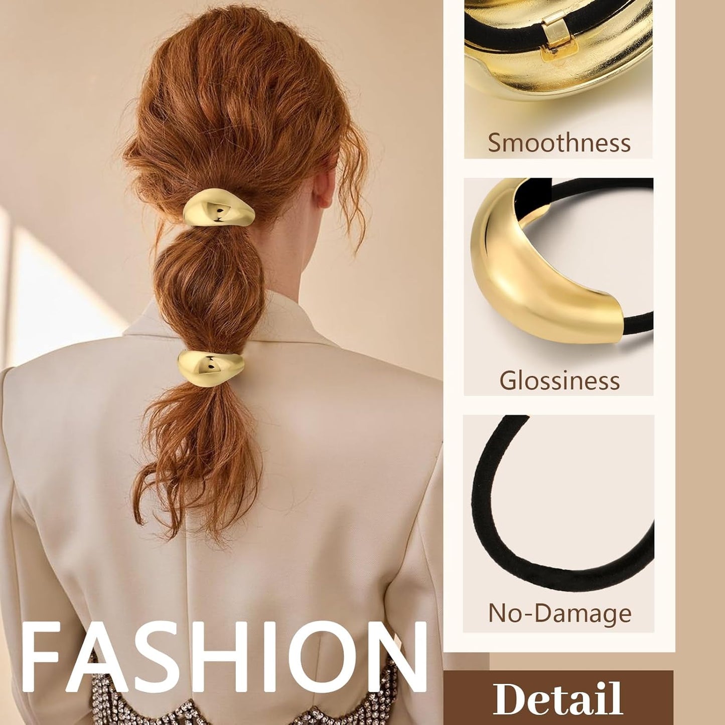 3PCS Gold Hair Ties, Metal Hair Ties for Thick Hair, Elegant Durable Geometric Design Hair Cuffs, Gold Hair Accessories Stretchy Non-Damage Ponytail Cuff Holders Holiday Gifts