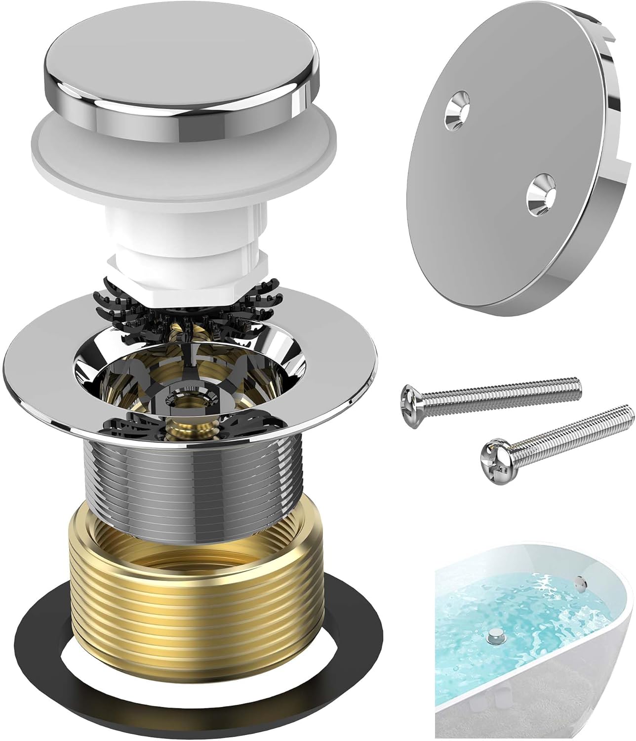 Chrome Plated Tub Drain Kit with Hair Catcher, Premium Brass Tip-Toe Bathroom Tub Drain Replacement and 2-Hole Overflow Faceplate, 11.5/16 UNC Bathtub Drain Stopper Assembly