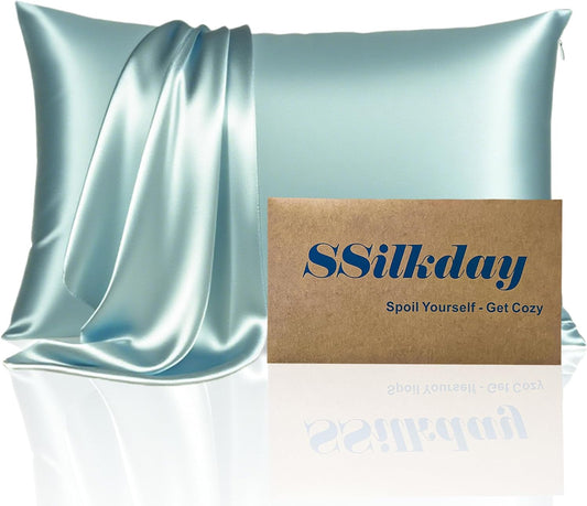 Mulberry Silk Pillow Cases with Zipper, Ultra Smooth Soft Breathable Cooling Pillow Cases for Hot Sleepers, Silk Satin Pillowcase for Hair and Skin, Gifts for Women (Haze Blue, King Size, 1 Pack)