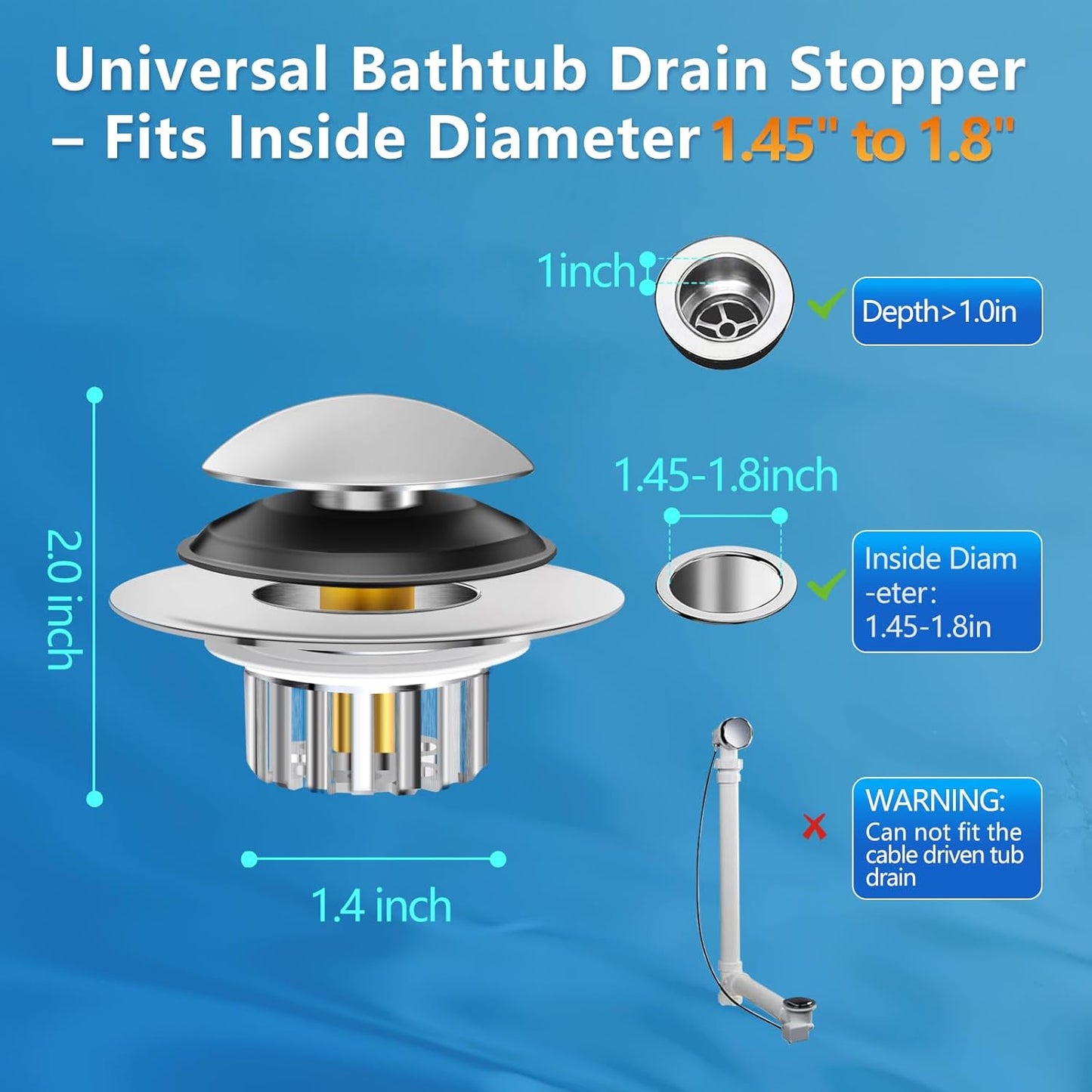Bathtub Drain Stopper Universal, Pop Up Drain Stopper with Stainless Steel Strainer Basket Hair Catcher, Anti-Clogging Design, Leak-Proof Silicone Ring, for Bath/Sink (1 Pack Tub Drain Stopper)