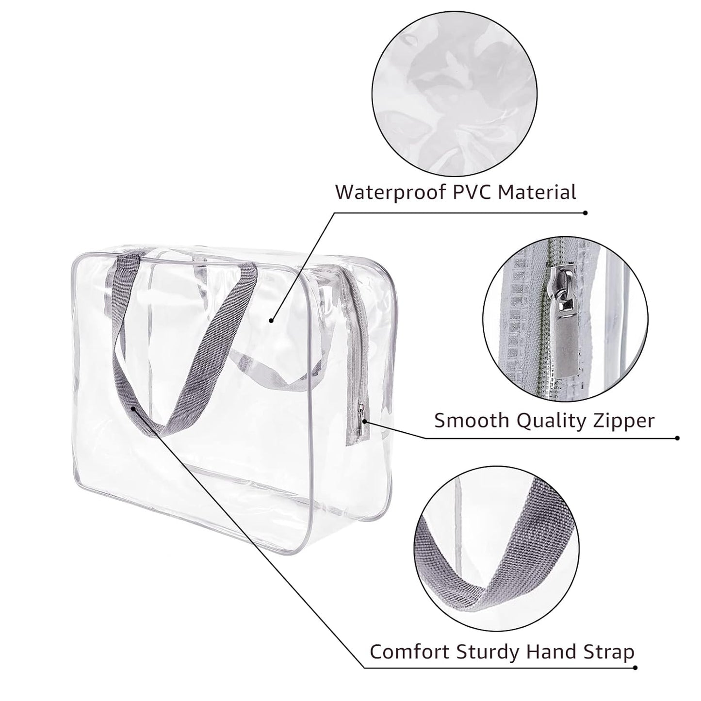 3Pcs Crystal Clear PVC Travel Toiletry Bag Kit for Women Men, Waterproof Vinyl Packing Organizer Storage Bags with Zipper Handle Straps, Cosmetic Pouch Carry on Airport Airline Compliant Bag Handbag