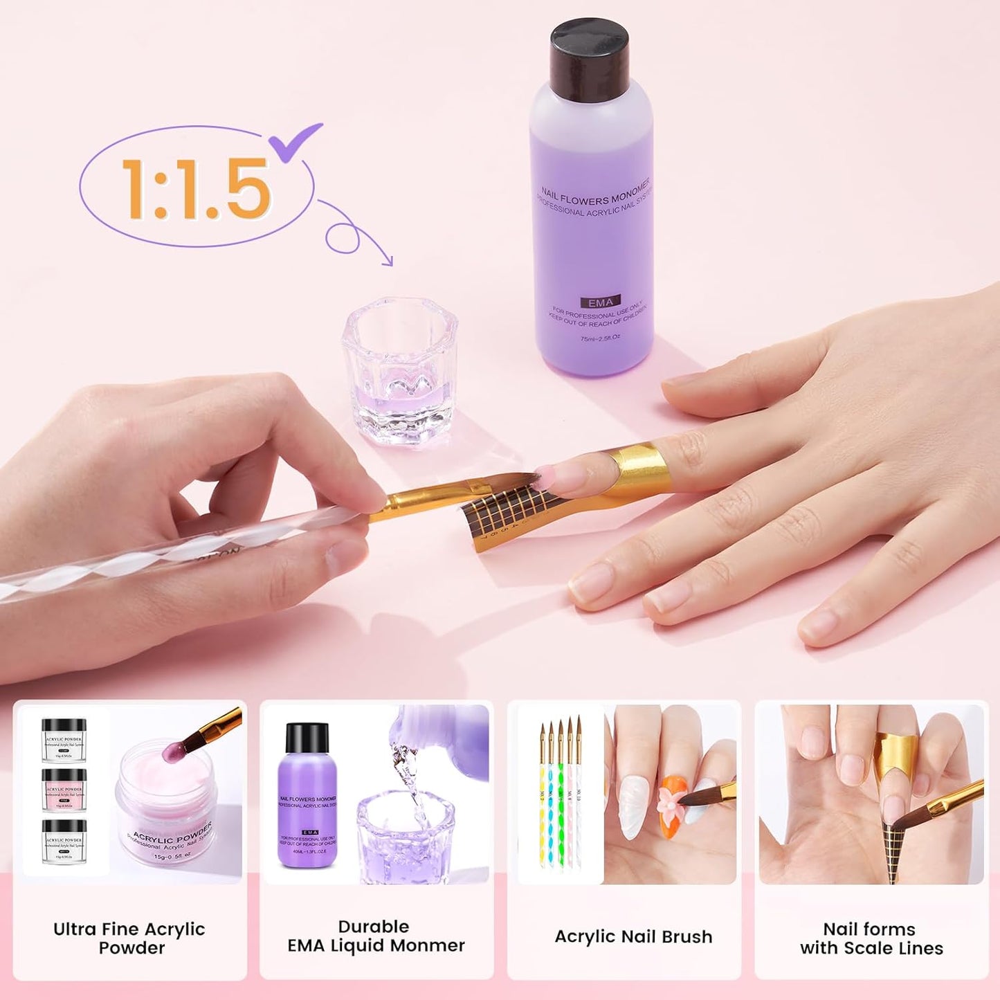 Acrylic Nail Kit for Beginners with Everything: Practice Nail Hand Acrylic Nail Powder Liquid Set with U V Lamp Drill in Gift Bag for Home (Sliver Bag)