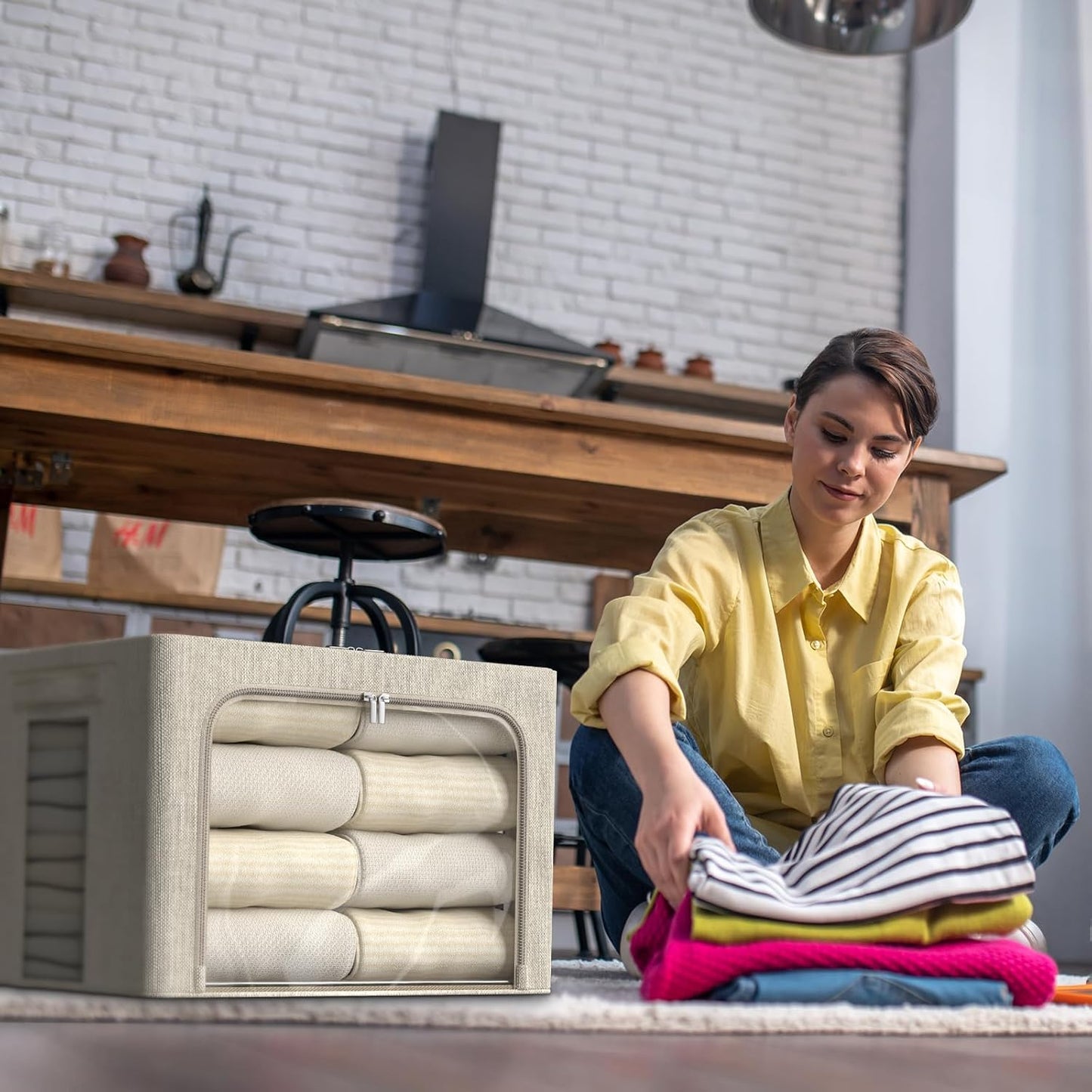 FHSQX 6 Pack Clothes Storage Bins with Metal Frame Foldable Storage Bins for Clothes Linen Fabric Storage Box with Clear Window (Beige, 15.7x11.8x7.8inch(22L))