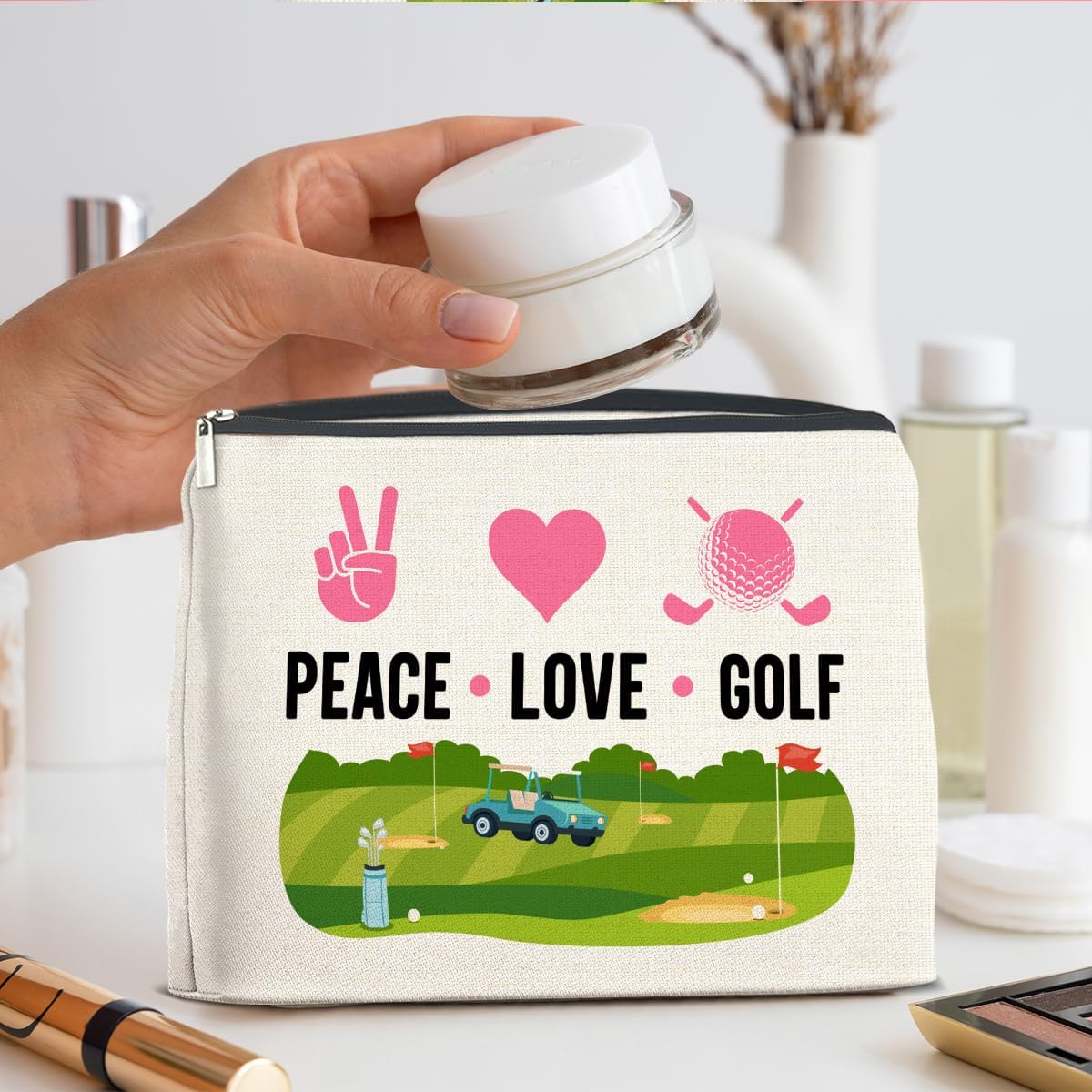 Golf Makeup Bag Gifts for Women Golfer Peace Love Golf Cosmetic Bag Zipper Pouch