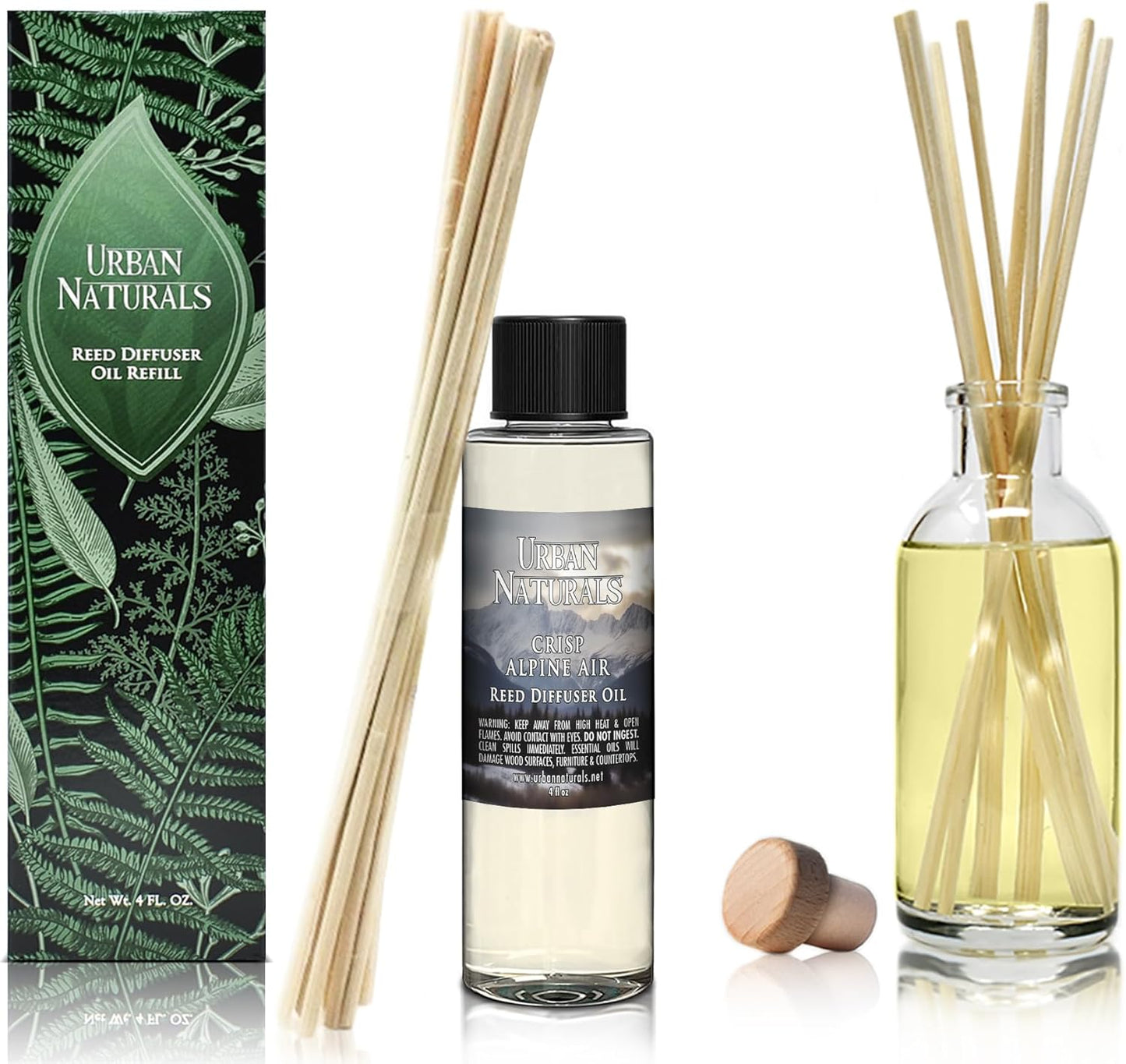 Urban Naturals Reed Diffuser Oil Refill, Crisp Alpine Air Diffuser Oils with Eucalyptus, Pine, Citrus, 4 oz + Free Reed Sticks, Made in The USA