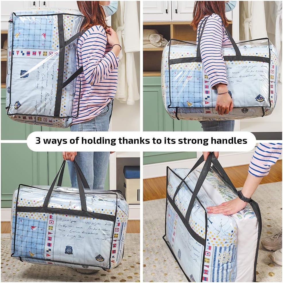 Clear Clothes Storage Bag Organizer with Reinforced Handle, Vinyl Storage Bags for Comforter, Blanket, Bedding, Toys, Transparent Moving Totes with Sturdy Dual Zippers, 3 Pack, 55 L, Black