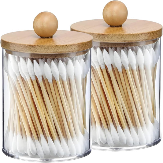 AXX Qtip Dispenser Apothecary Jars Bathroom - Qtip Holder Storage Canister Clear Plastic Jar for Cotton Swab,Q-Tips,Cotton Rounds (Bamboo 2Pcs)
