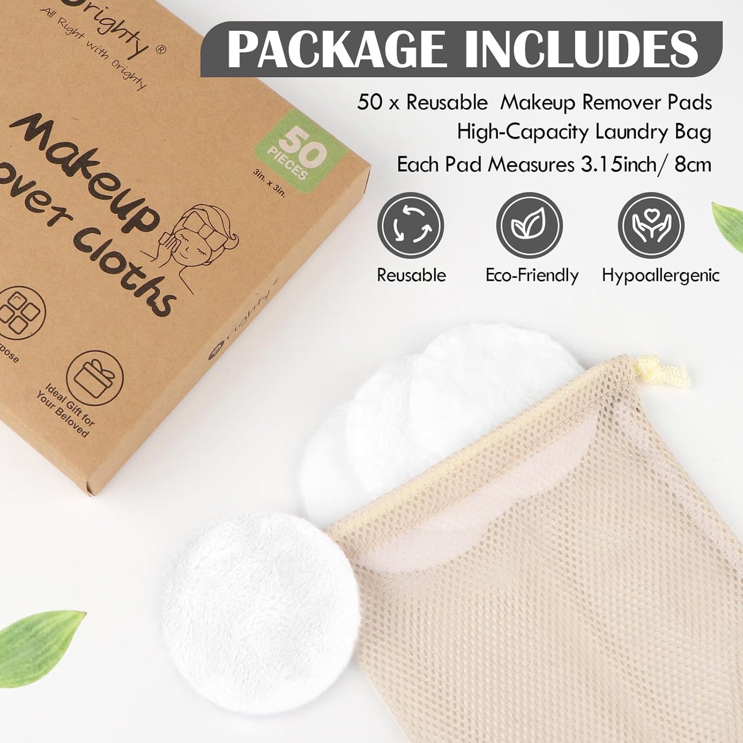 Orighty Reusable Microfiber Makeup Remover Pads 50 Count, Eco-Friendly Facial Cleansing Cloths, Round Shape, Super Soft, Ideal Gift with Laundry Bag (White)