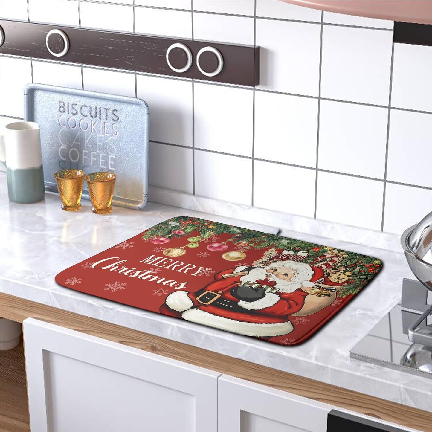 Merry Christmas Dish Drying Mat Santa Claus Kitchen Drainer Mats Microfiber Absorbent Winter Xmas Holiday Dishes Pad Reusable Dish Rack Mat for Countertop Tableware Decor 18x24 Inch