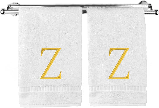 Monogrammed Hand Towel, Personalized Initial Gift, Extra Absorbent 100% Turkish Cotton - Soft Terry Finish - Set of 2 - Gold Block Initial Z - Embroidered on White Towels