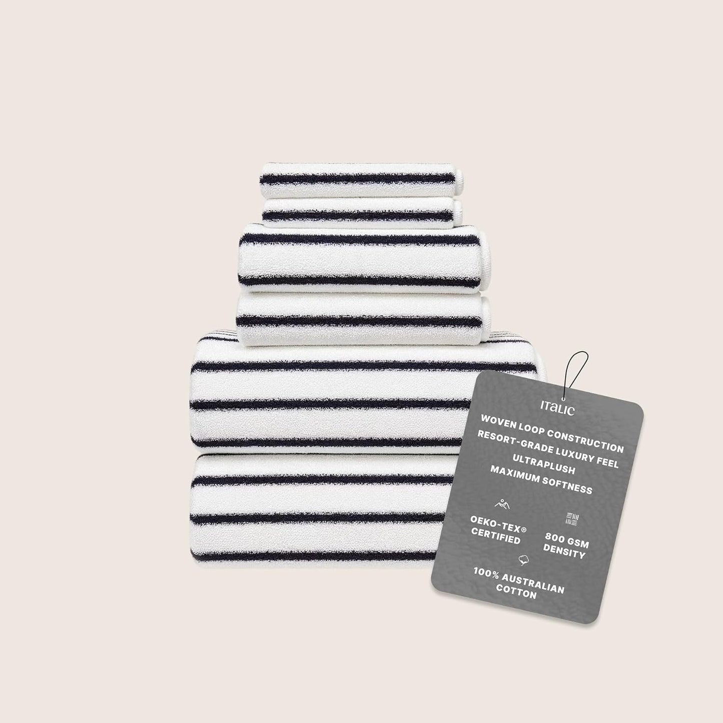Italic Ultraplush 100% Australian Cotton Standard 6-Piece Set, 2 Bath, 2 Hand, 2 Washcloths, 800GSM Highly Absorbent & Quick-Dry, Resort Grade, Striped (White & Blue)