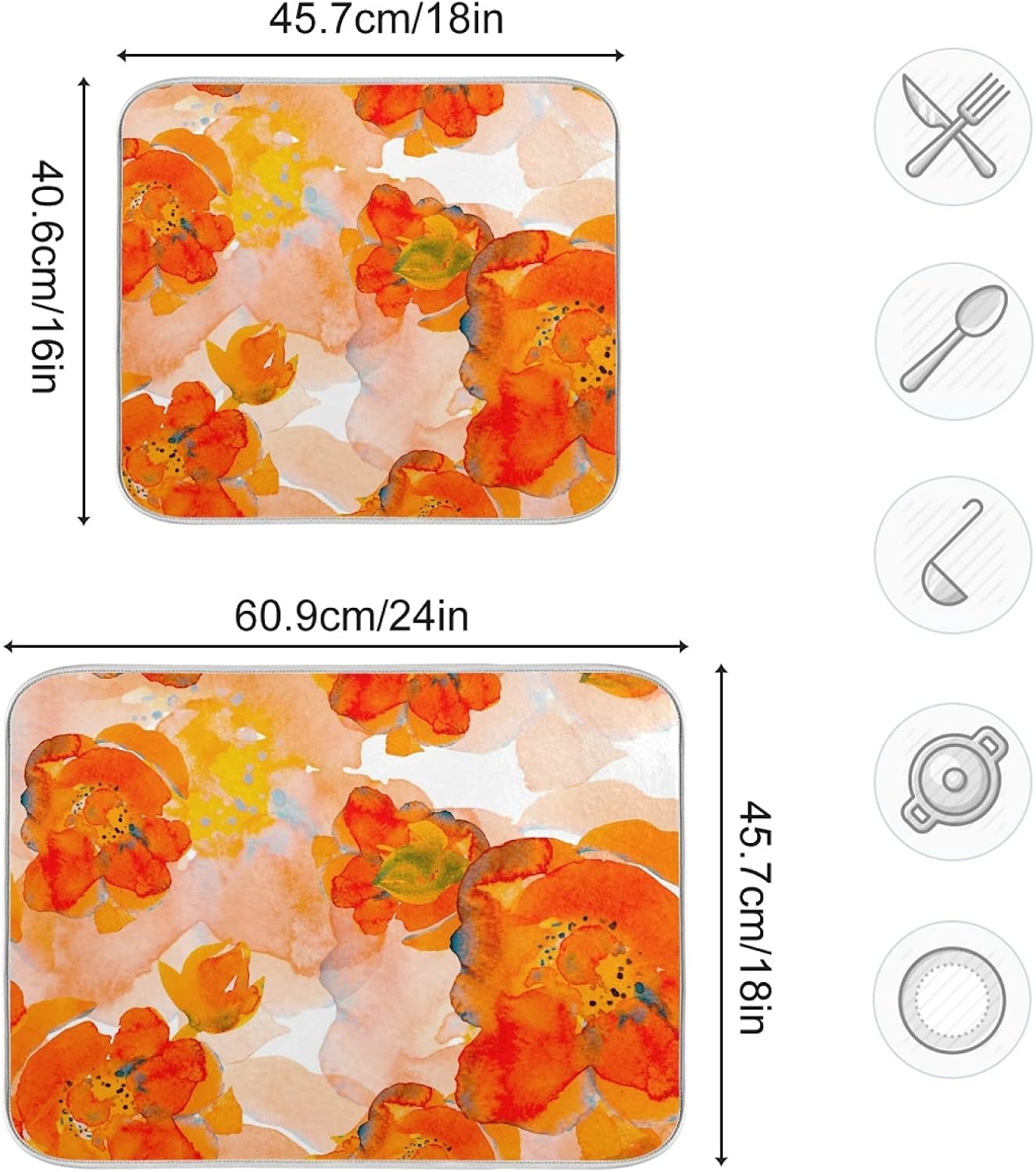 Dish Drying Mat for Kitchen Counter 18 x 16 Inch Corn Poppy Orange Flower Microfiber Dish Mat Drying Pad Absorbent Dishes Pad Dish Drainer Rack Mats