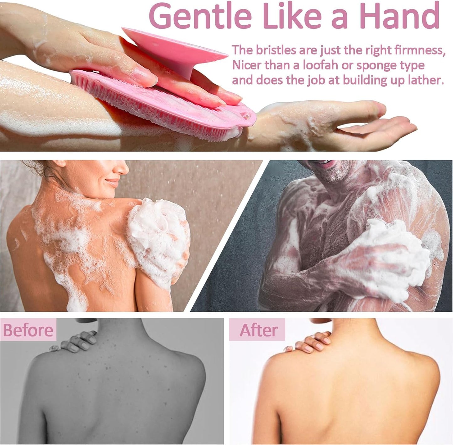 Soft Silicone Body Scrubber Gentle Like a Hand Exfoliating Your Skin and Build Up Lather Easily, Back Large Suction Cup Easy to Store, Long-Lasting & Deep Clean (Pink)