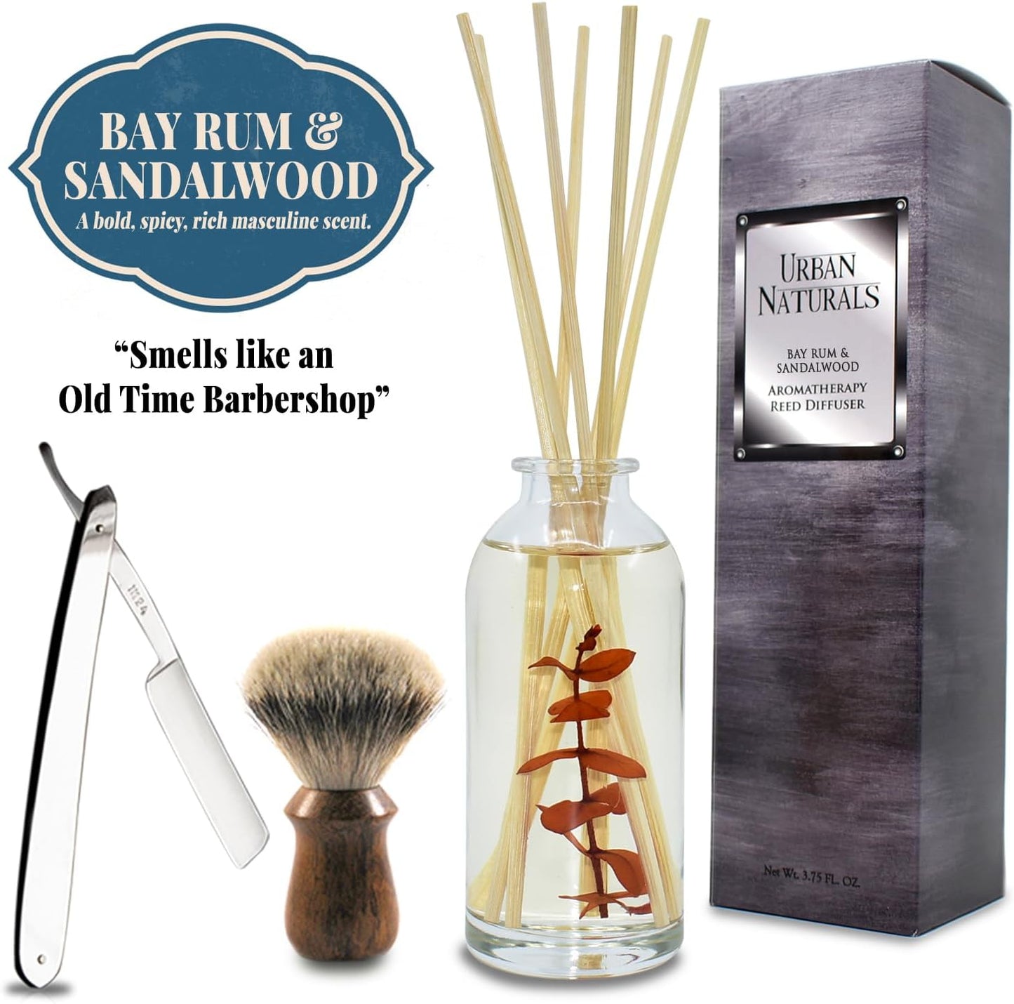 Urban Naturals Bay Rum & Sandalwood Reed Diffuser Scent Sticks Gift Set | Powdery Bay Rum, Sandalwood, Earthy Patchouli & Musk | A Bold, Spicy, Masculine Scent | Smells Like an Old Time Barber Shop