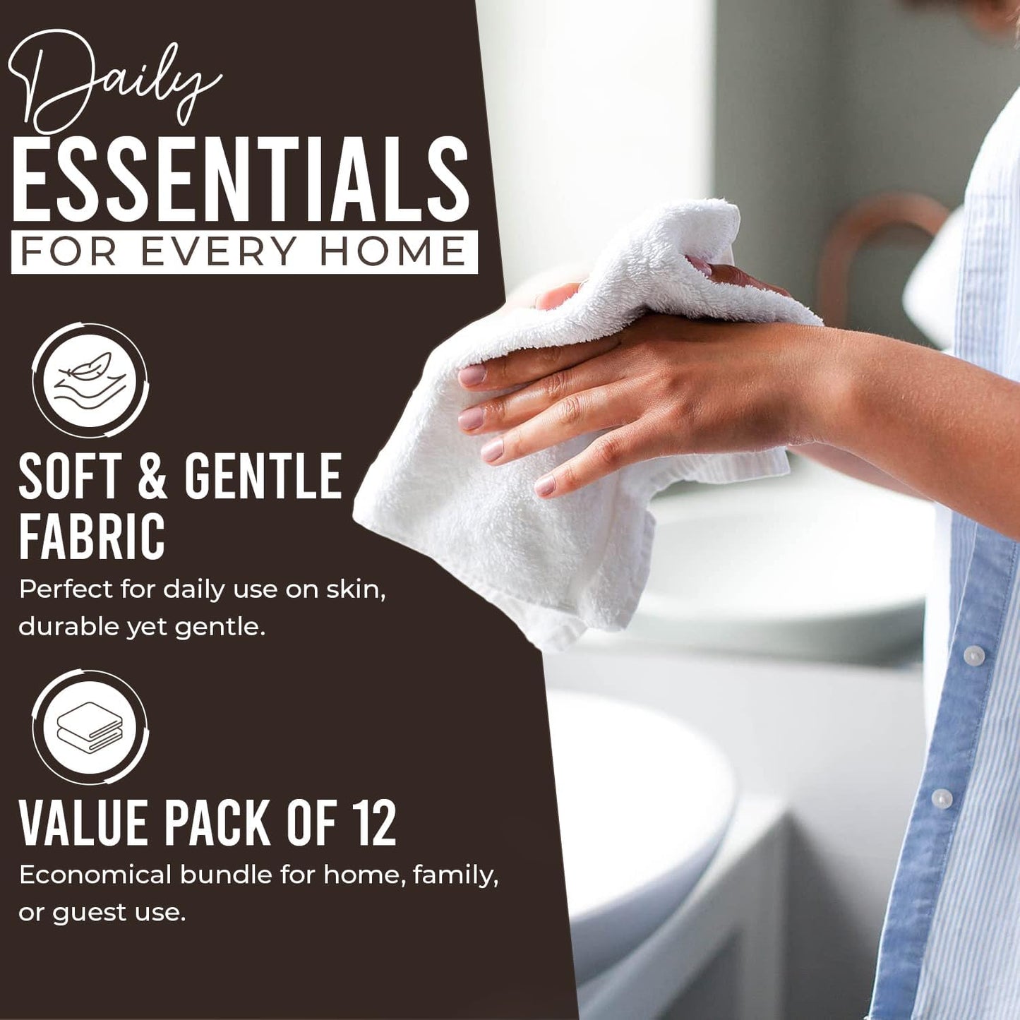 DAN RIVER 100% Cotton Wash Cloths 12 Pack [12x12] Soft & Absorbent washcloths for face, Gym, Hotels & Spa Perfect for Everyday Use Fingertip Towels, Brown