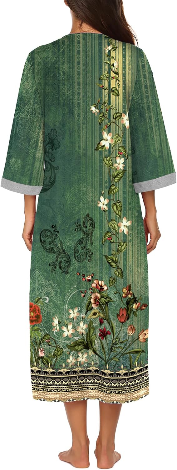 Ekouaer Women Zipper Robe 3/4 Sleeves Loungewear Dress Full Length Sleepwear Pockets Housecoat Nightgown Long Bathrobe