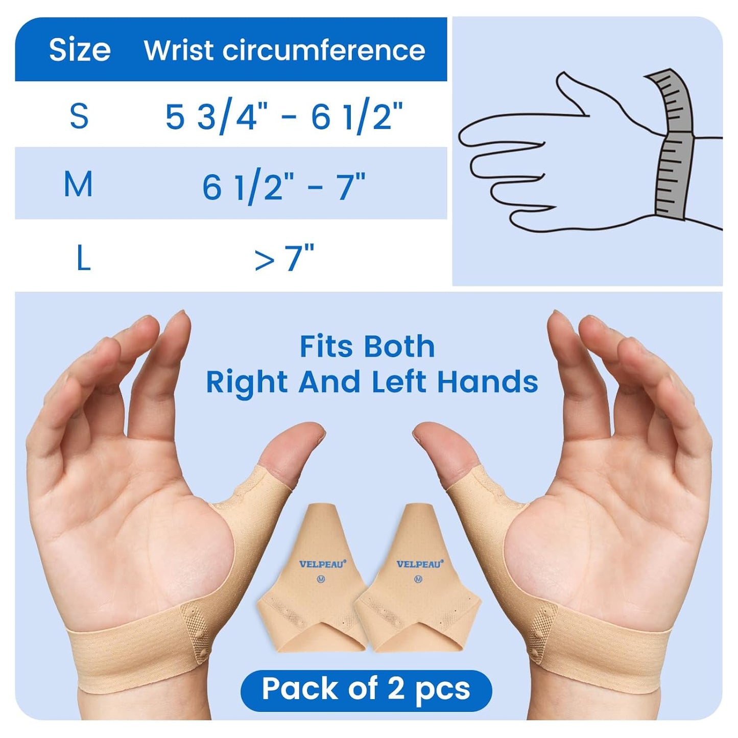 Velpeau Thumb Compression Sleeve for Tendonitis (Pack of 2), Seamless Technology, Gloves Wraps for Arthritis Pain Relief for Women & Men, Splint Liner, Fits Both Hands (Khaki, Short Version, L)