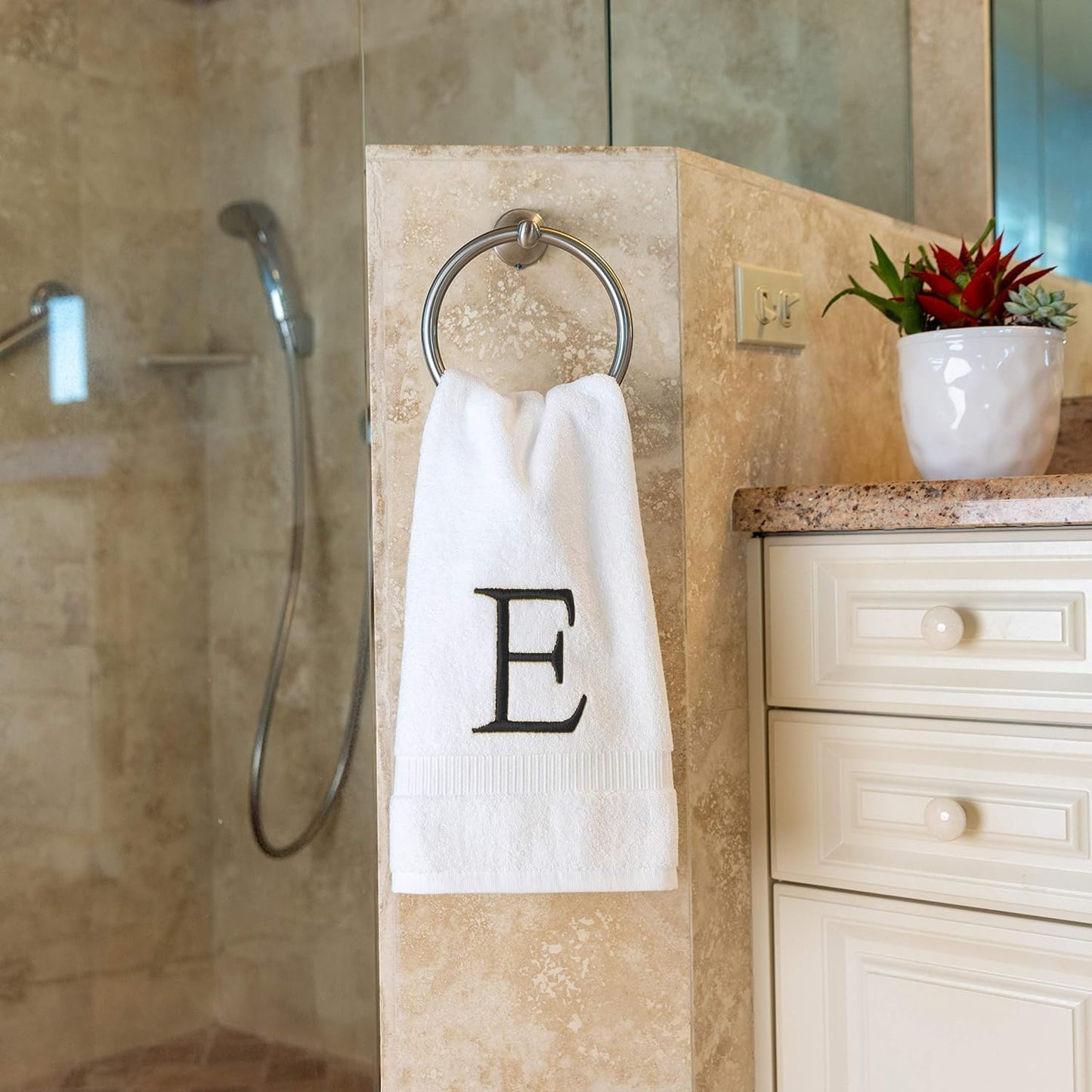 Dark Gray Monogram Hand Towel for Bathroom - Monogrammed Initial Hotel Quality Decorative Embroidered Luxury Towel for Powder Room, Spa - GOTS Organic Certified - Pack of 2, Letter E