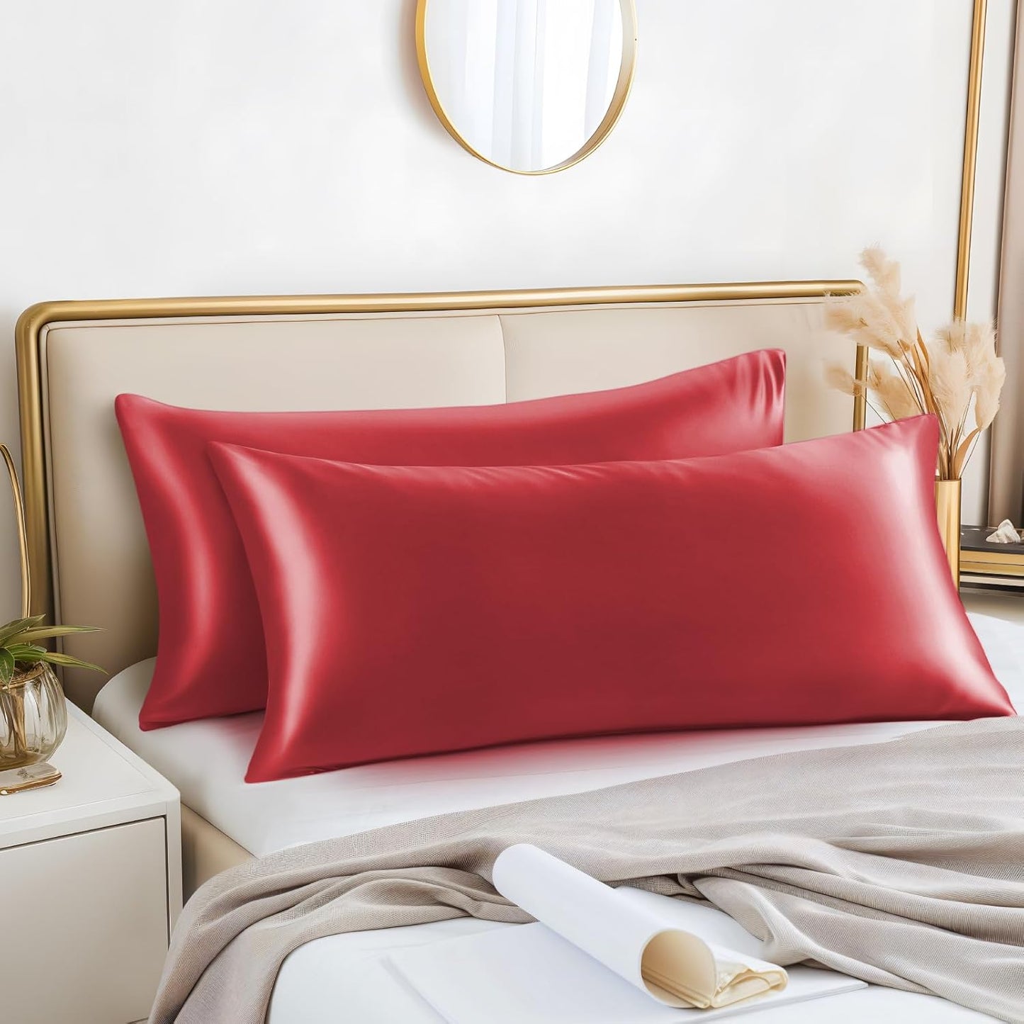 BEDELITE Satin Body Pillow Cover 2 Pack, Super Soft and Cooling Body Pillow Pillowcase for Hair and Skin, Breathable Silky Full Long Pillowcase Cover(20"x54", Baked Apple)