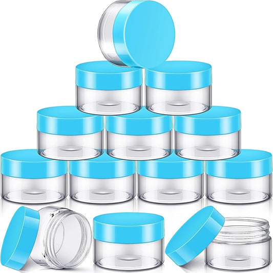 SATINIOR 12 Pack 16 oz Plastic Container Jars with Lids Round Clear Travel Cosmetic Container Slime Jars for Toiletries, Lotion, Cream, Ointments, Makeup, Rhinestone, Samples, Kitchen Storage(Blue)