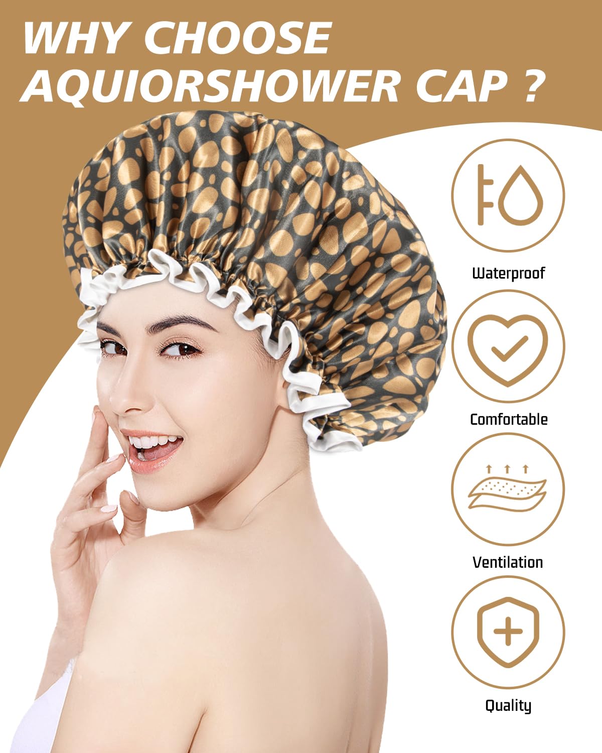 Aquior Shower Cap for Women, Reusable Shower Caps for Womens, Adult Hair Cap for All Hair, Double Waterproof EVA Lining, Leopard Shower Cap for Long Thick Hair