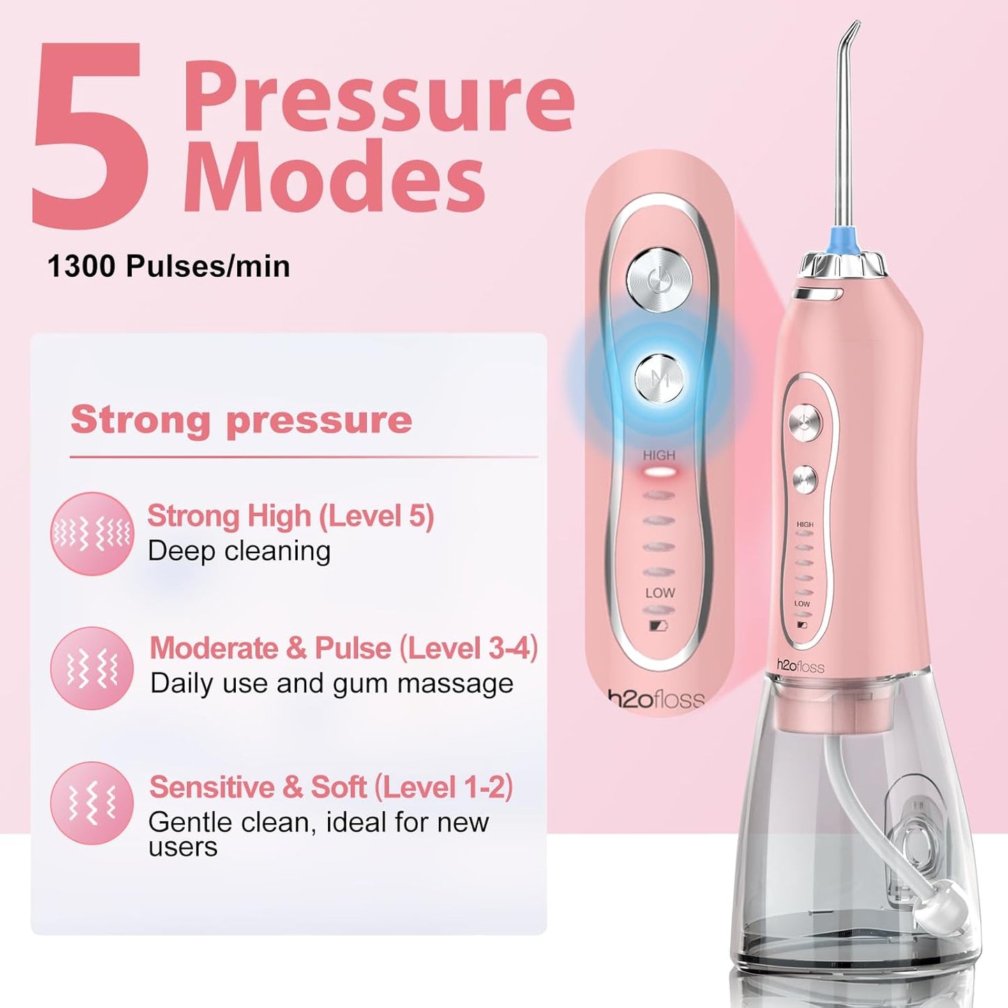Water Dental Flosser Teeth Cleaner Pick, H2ofloss Cordless Portable Oral Irrigator,5 Mode IPX7 Waterproof Teeth Picks 300ML Rechargeable WaterFlosser for Home Travel (Pink)