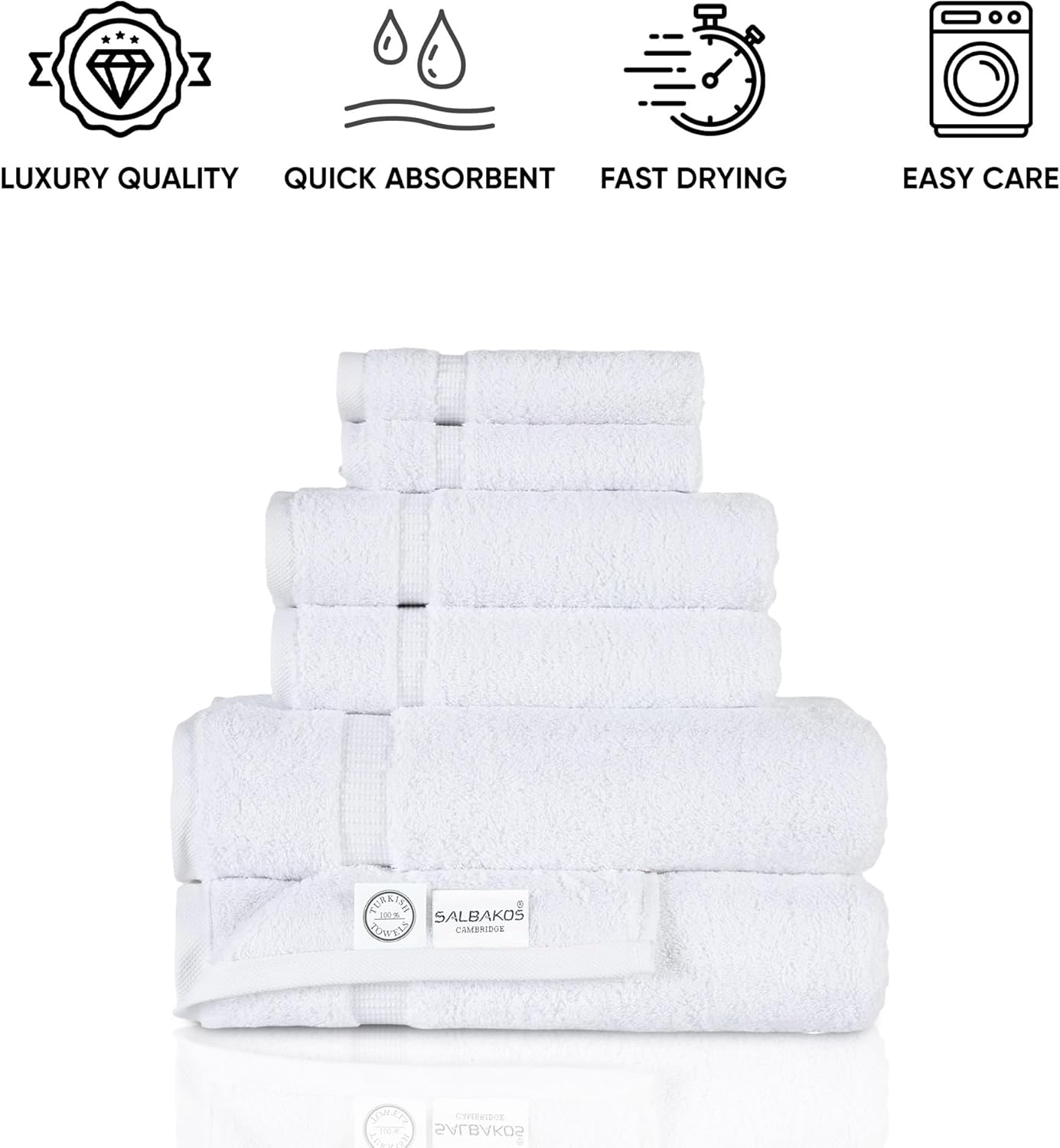 SALBAKOS 100% Turkish Cotton 6-Piece Towel Set | Heirloom Quality Hotel & Spa Collection | Soft, Super Absorbent 2 Washcloth, 2 Hand, 2 Bath Towel Sets | Made in Turkey (White, 6 Piece Towel Set)