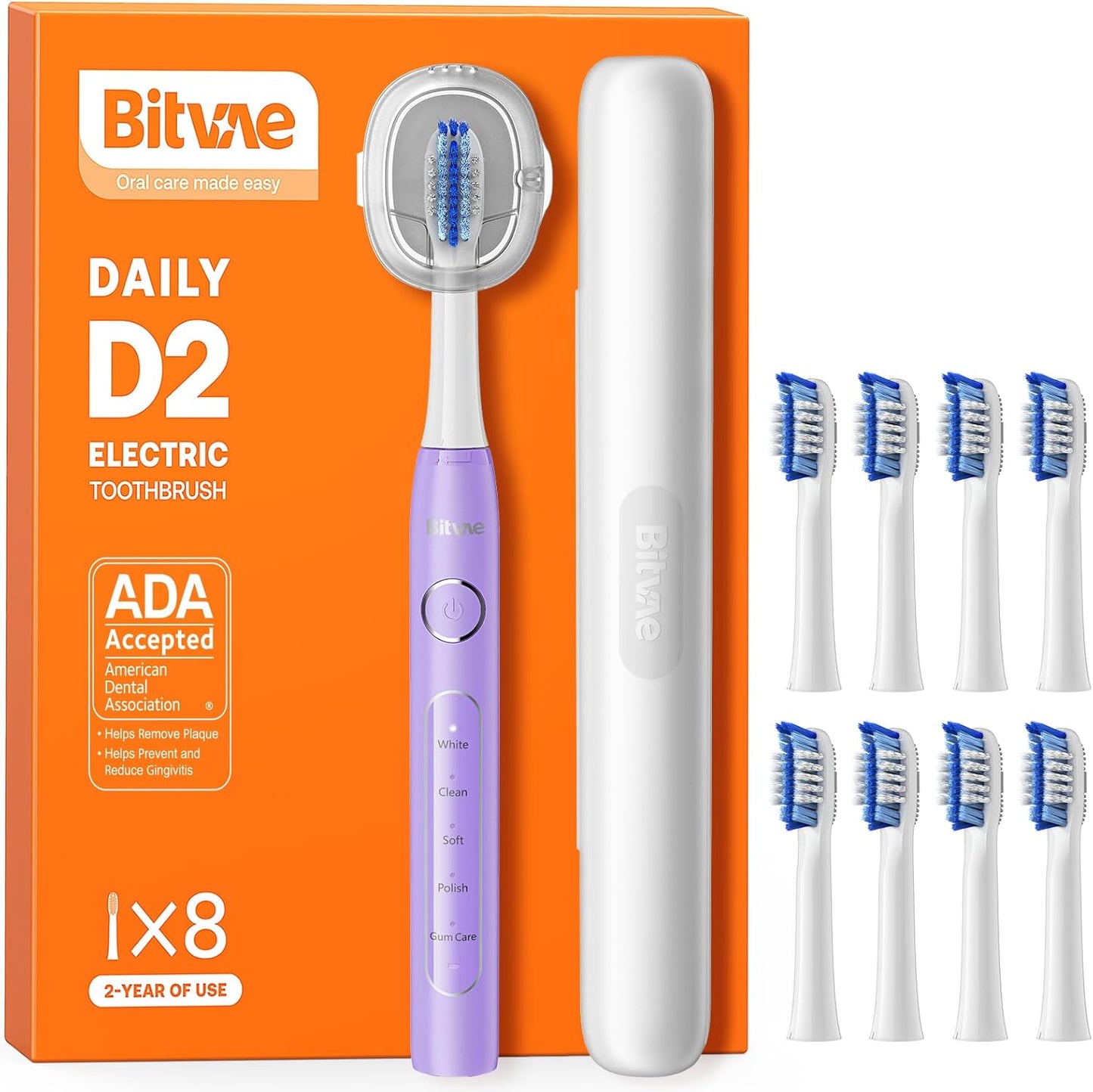 Bitvae Ultrasonic Electric Toothbrush for Adults and Kids, ADA Accepted Travel Toothbrush with Rechargeable 60-Day Battery Life, 5 Modes, 8 Heads, Case, Holder, Purple