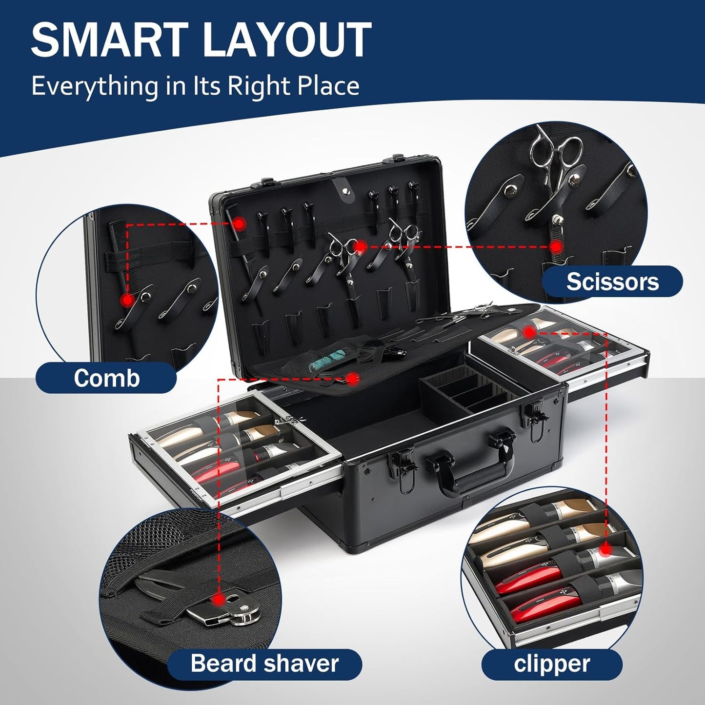 MoyRetty Professional Barber Case with Cap Clear dustproof, Barber Suitcase 6 Clipper Slots & 8 Shear Holders, 17.13" Portable Aluminum Organizer for Hair Stylists & Pet Groomers