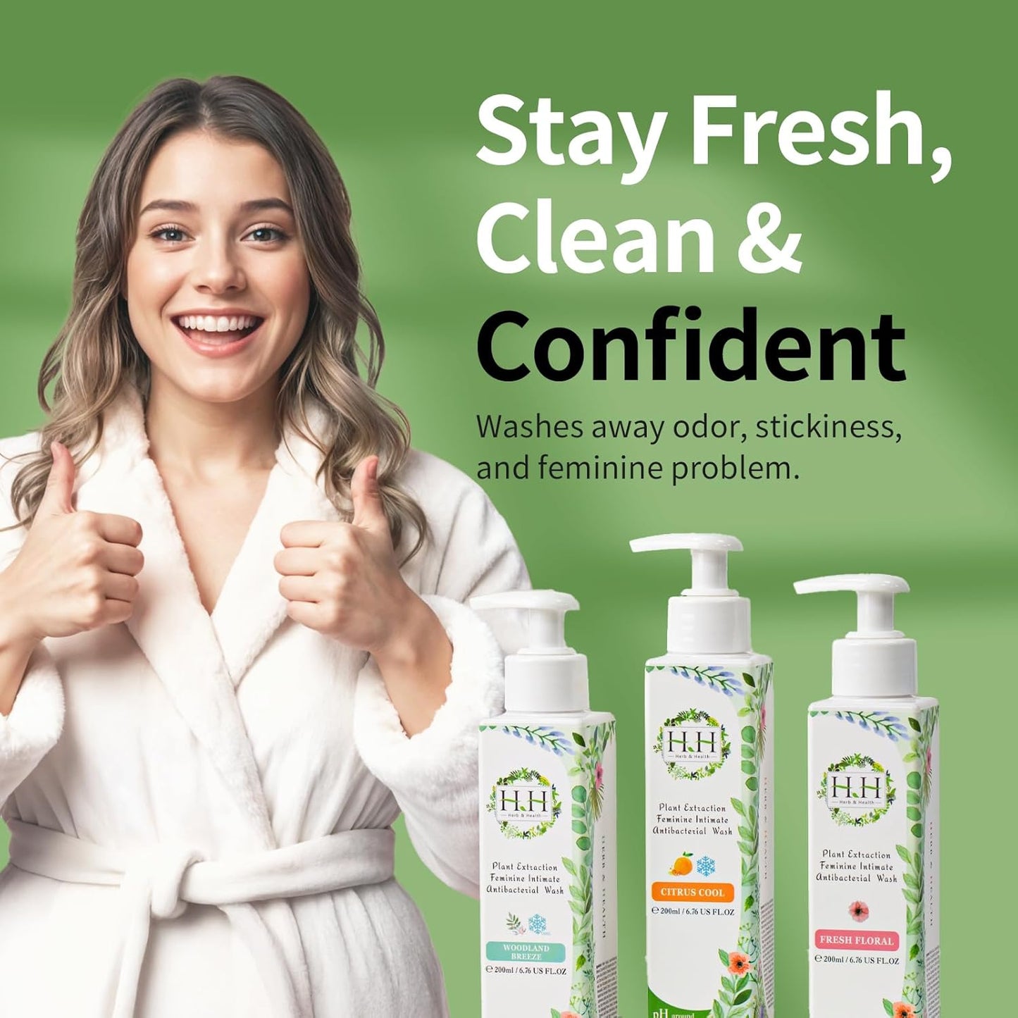 HH Herb & Health Feminine Wash for Women, pH3.6 Lactobacillus Cleanser with Botanical Extracts, Hydrating & Cooling Intimate Care for Odor Dryness and Itch, Sensitive Skin Safe, Rose Scent Cool