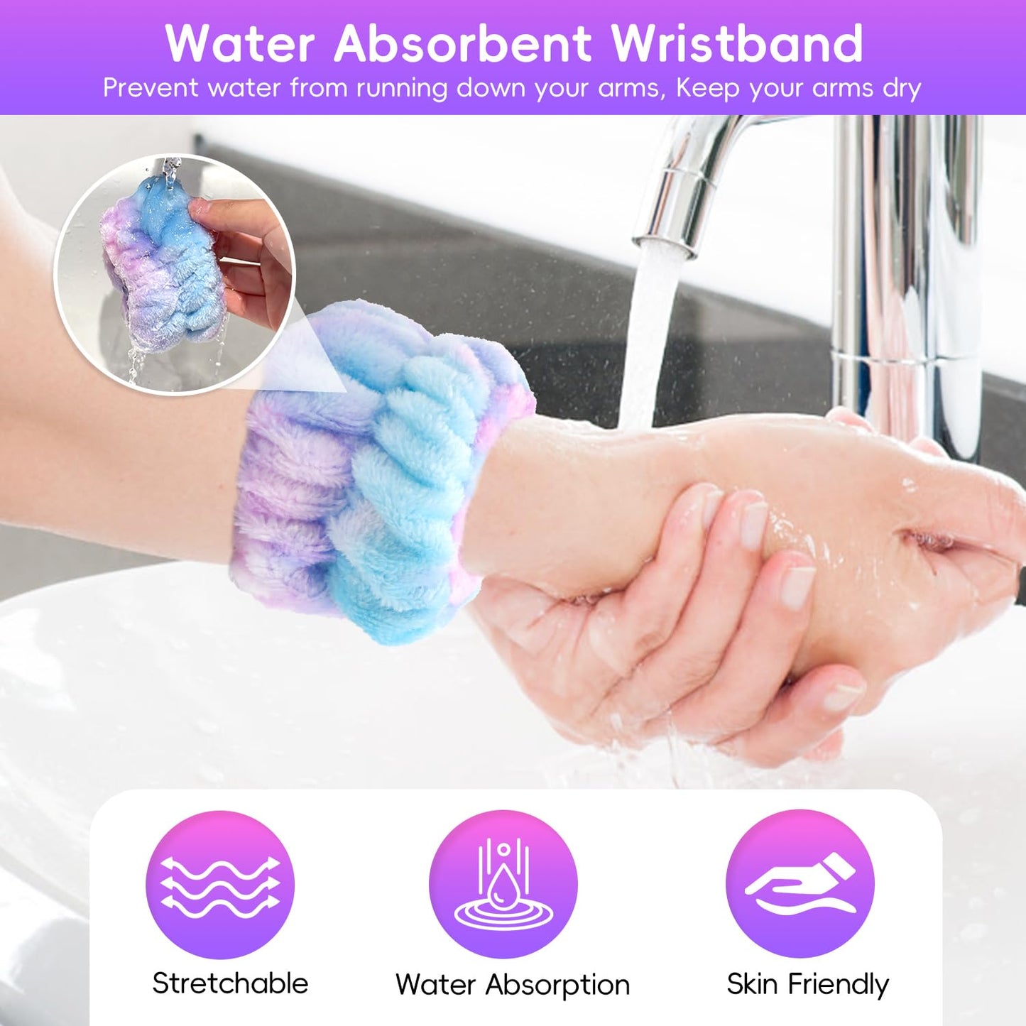 Facial Cleansing Brush, Headband for Washing Face with Silicone Double Side Manual Face Scrubber Brush, Skincare Headband and Wristband Set, 2 Hair Scrunchie, for Makeup Rainbow