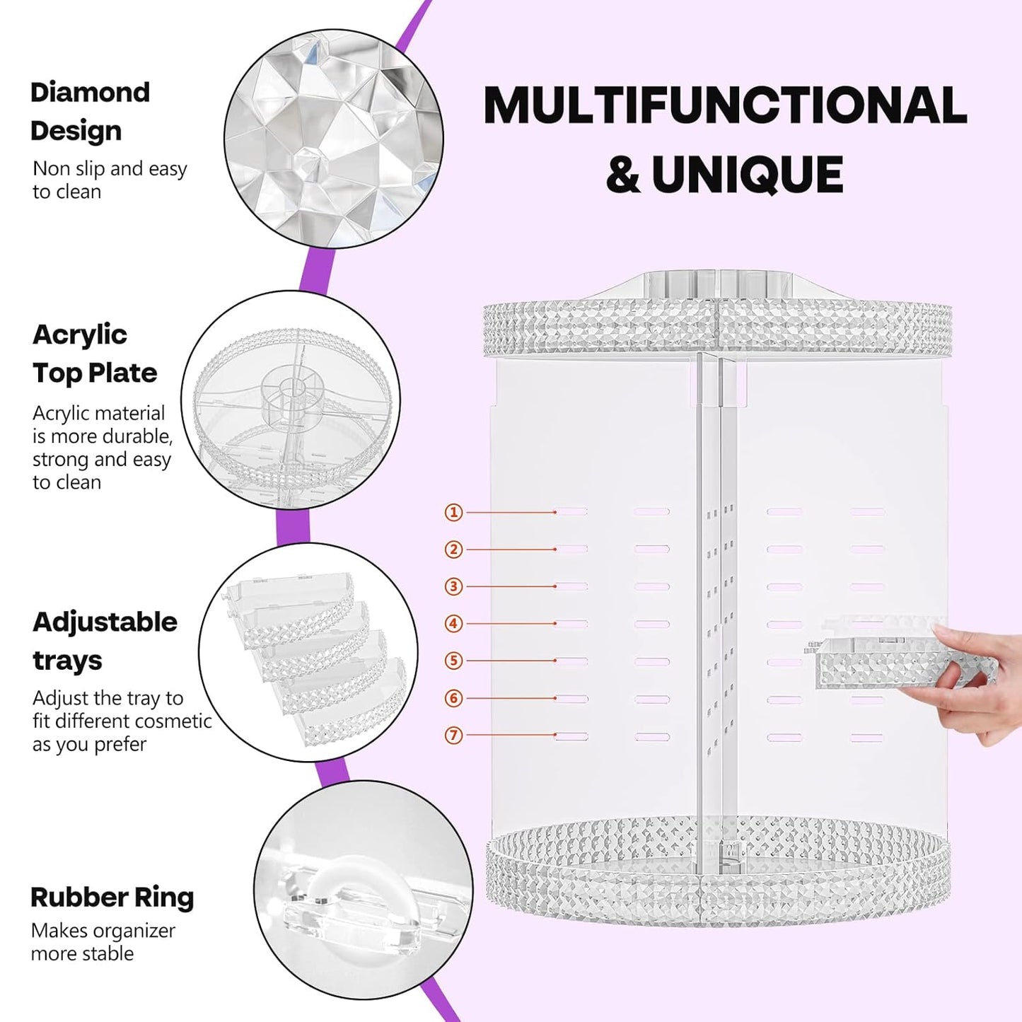 360 Degree Rotating Makeup Organizer, Extra Large Capacity Perfume Organizer, Removable DIY 7 Layers Make up Organizer for vanity, Cosmetic Display Case Organizador De Maquillaje (Clear)
