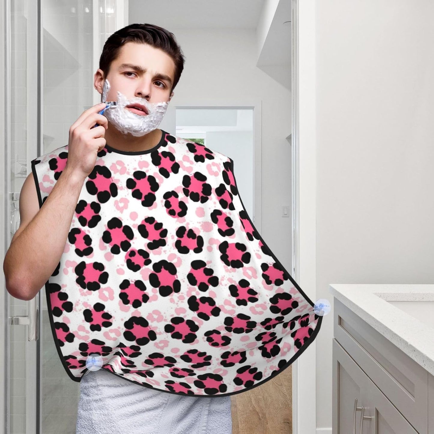 Adjustable Beard Bib, Non-Stick Hair Catcher Cape for Men's Shaving, Waterproof with 2 Suction Cups, Paint Splatter Cheetah Leopard Print Pink Shave Bib