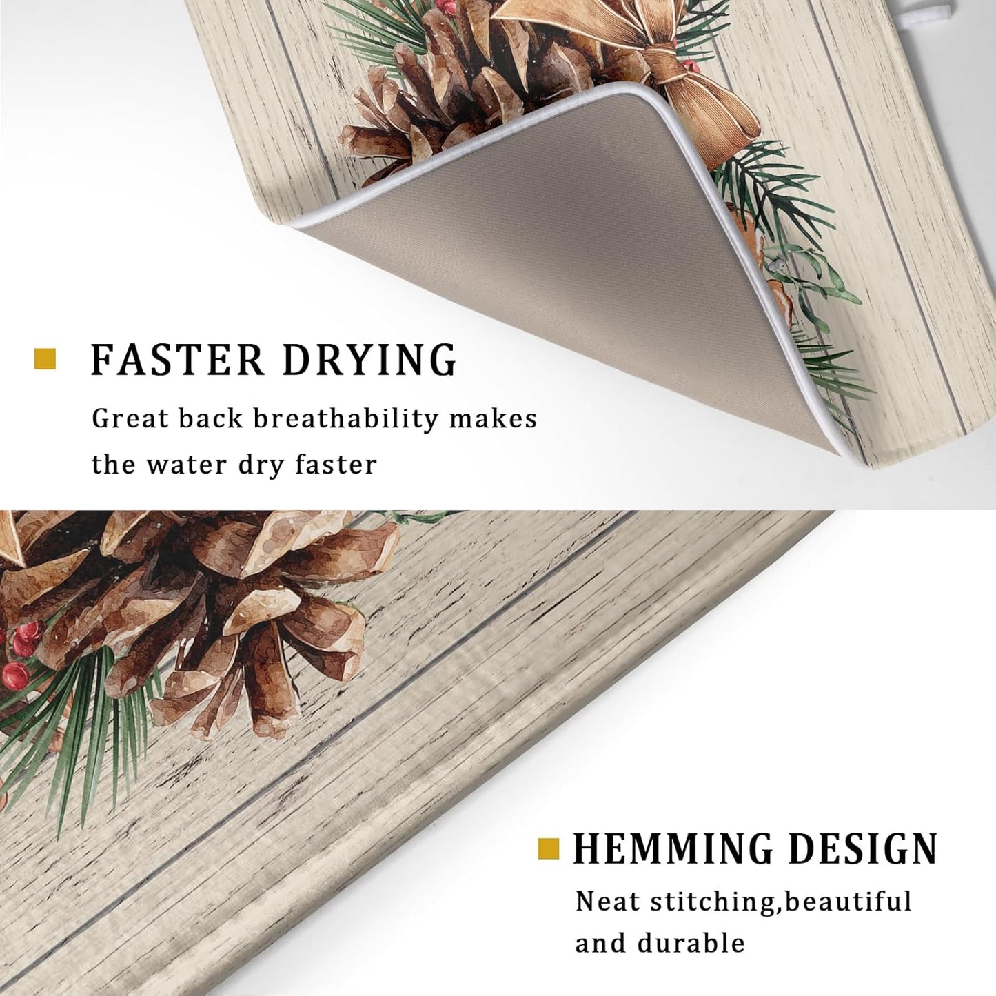 Winter Pine Cone Dish Drying Mat Holly Berries Dish Draining Mat Microfiber Washable Dish Drainer Rack Mat for Home Kitchen Counter 18"x24"