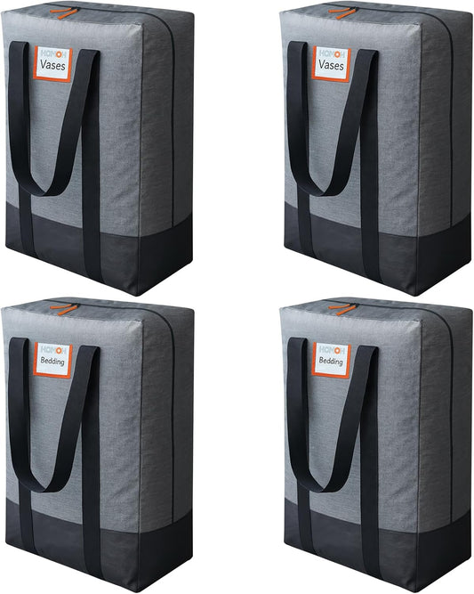 4 Pack Moving Bags Heavy Duty, Storage Bags for Clothes, Large Packing Tote with Wrap Around Handles, Internal Compression Straps, Alternative to Moving Boxes, Grey and Black