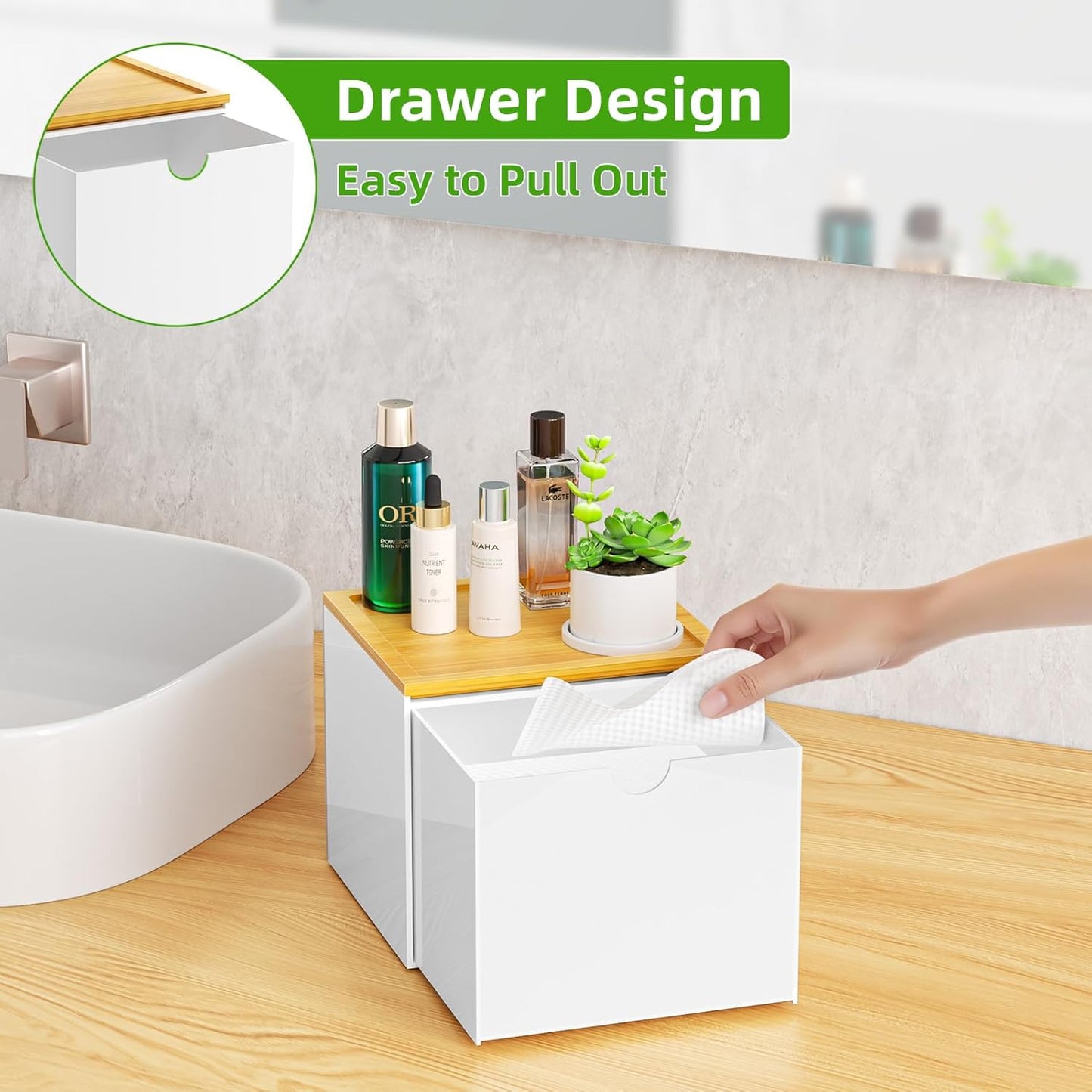 VITVITI Drawer Disposable Face Towel Holder Box, Acrylic Facial Towel Container for XL Clean Skin Club, Large Disposable Face Towels Storage with Bamboo Lid, for Bathroom, Vanity Makeup, White