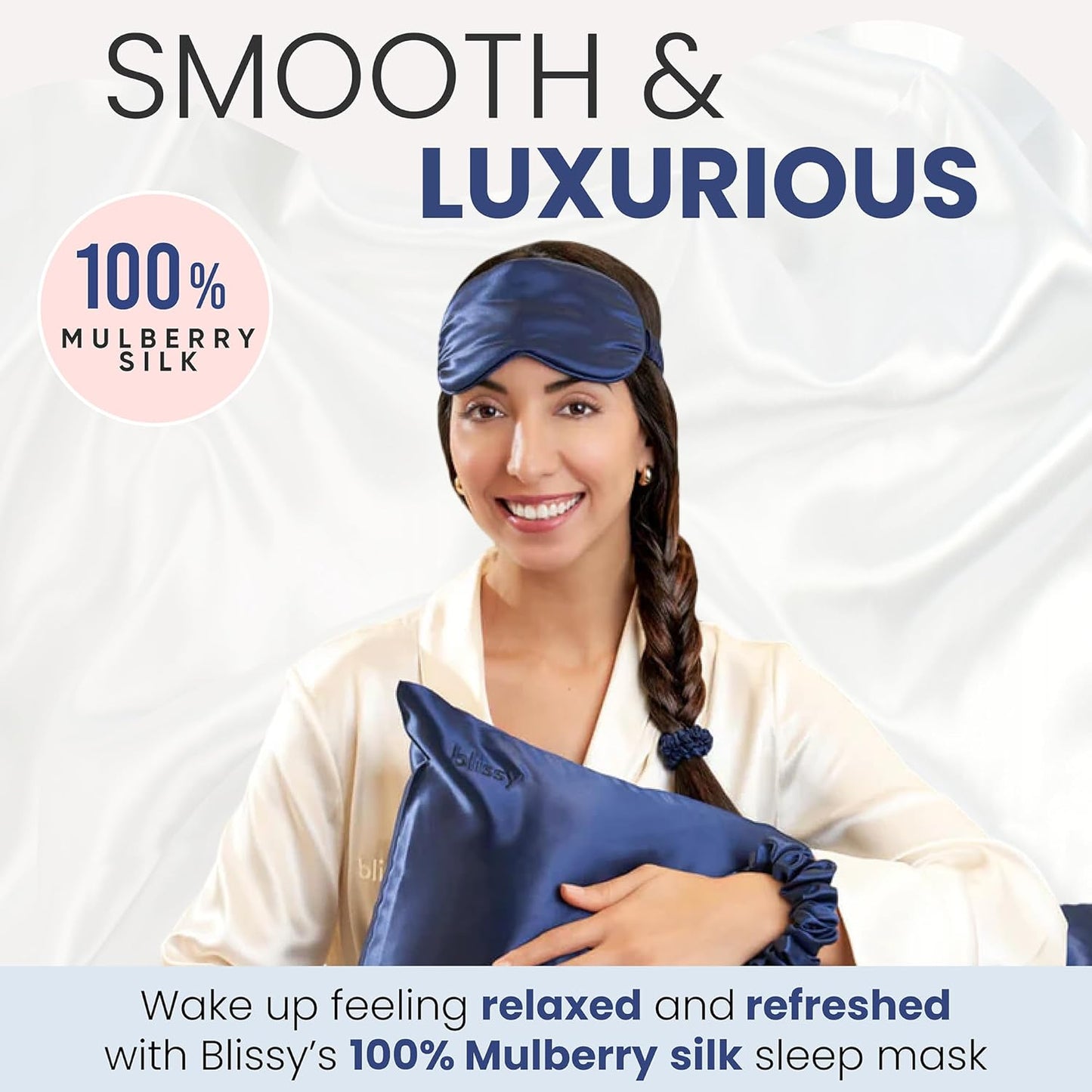 Blissy Silk Sleep Mask - Silk Eye Sleeping Mask for Women & Men for Total Blackout - 100% Pure Mulberry Silk, 22 Momme 6a Fibers - Blindfold Silk Sleep Mask Side Sleeper Eye Cover (Blue)