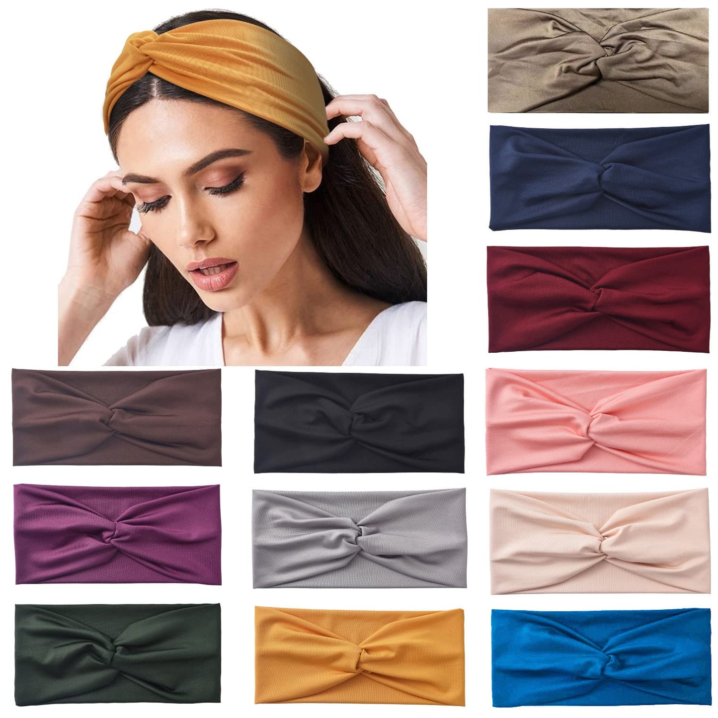 Yeshan 12 Pack Wide Twist No Slip Turban Stretchy Criss Cross Yoga Workout Sport Hair Bands Solid Color Bandana Headbands