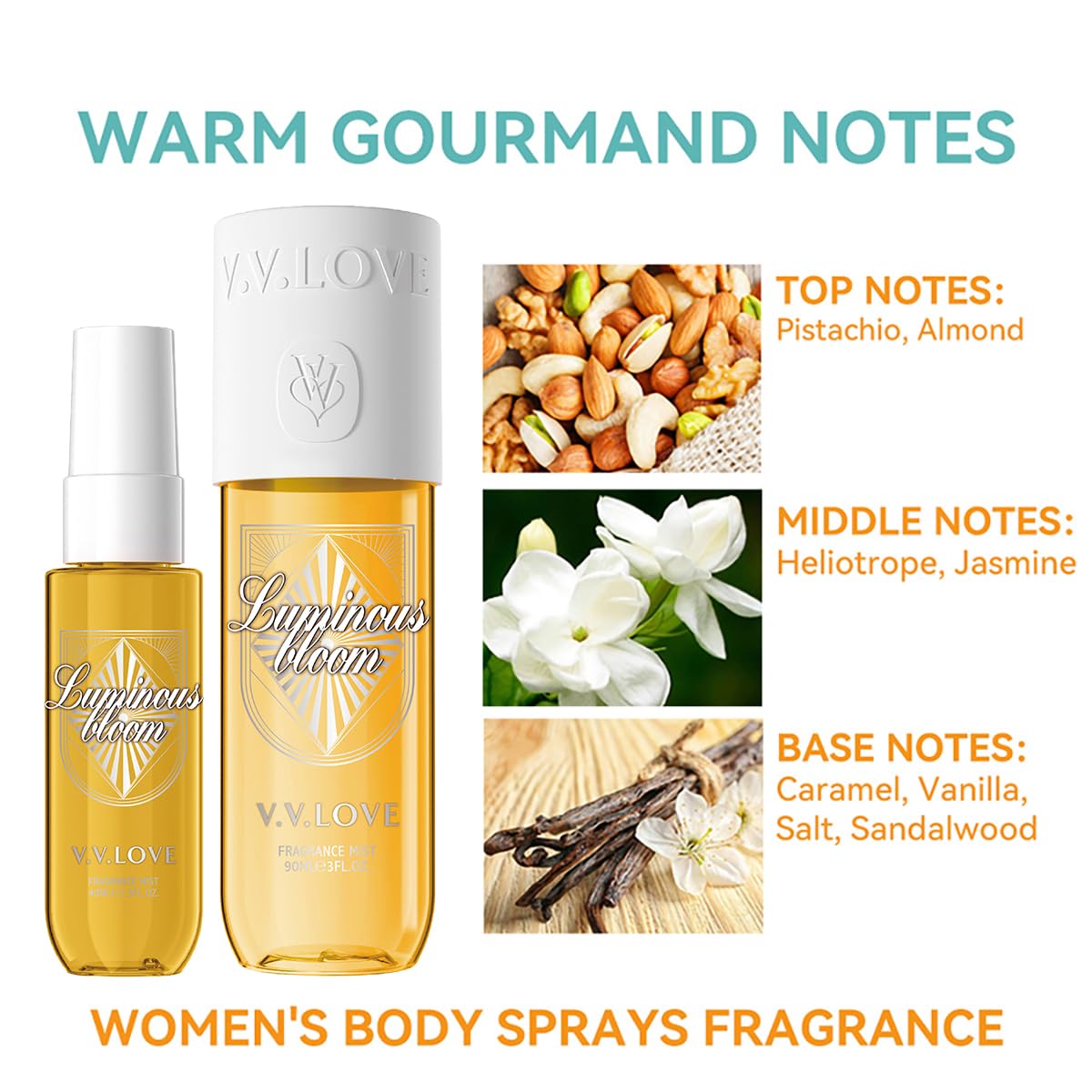 Hongsheng 2 PCS Women's Body Mist and Hair Fragrance Travel Set, 3 Fl Oz + 1.3 Fl Oz Spray, Sweet Scented Perfume Gift Set for Women (Pistachio, Almond)