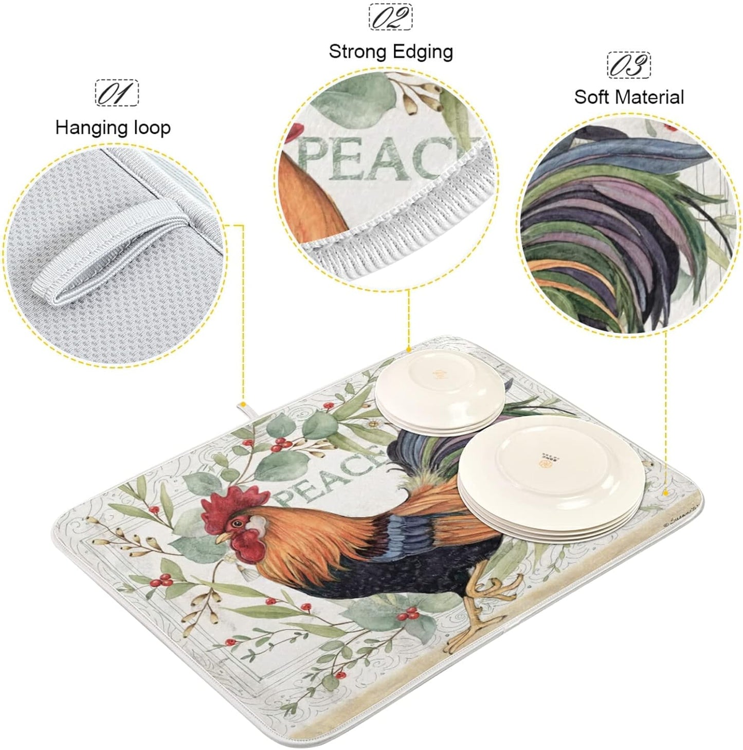 Farmhouse Rooster Farm Dish Drying Mats for Kitchen Drying Mat 16 x 18 Inch Absorbent Microfiber Drying Dish Mat Machine Washable Dish Rack Pad Dish Drainer Mat