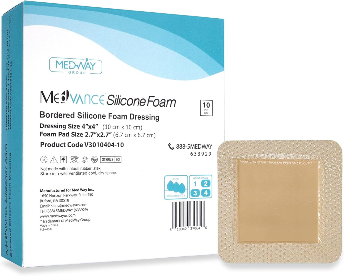 MedVance TM Silicone - Bordered Silicone Adhesive Foam Dressing Size 4"x4" (2.7"x2.7" pad), Box of 10 dressings