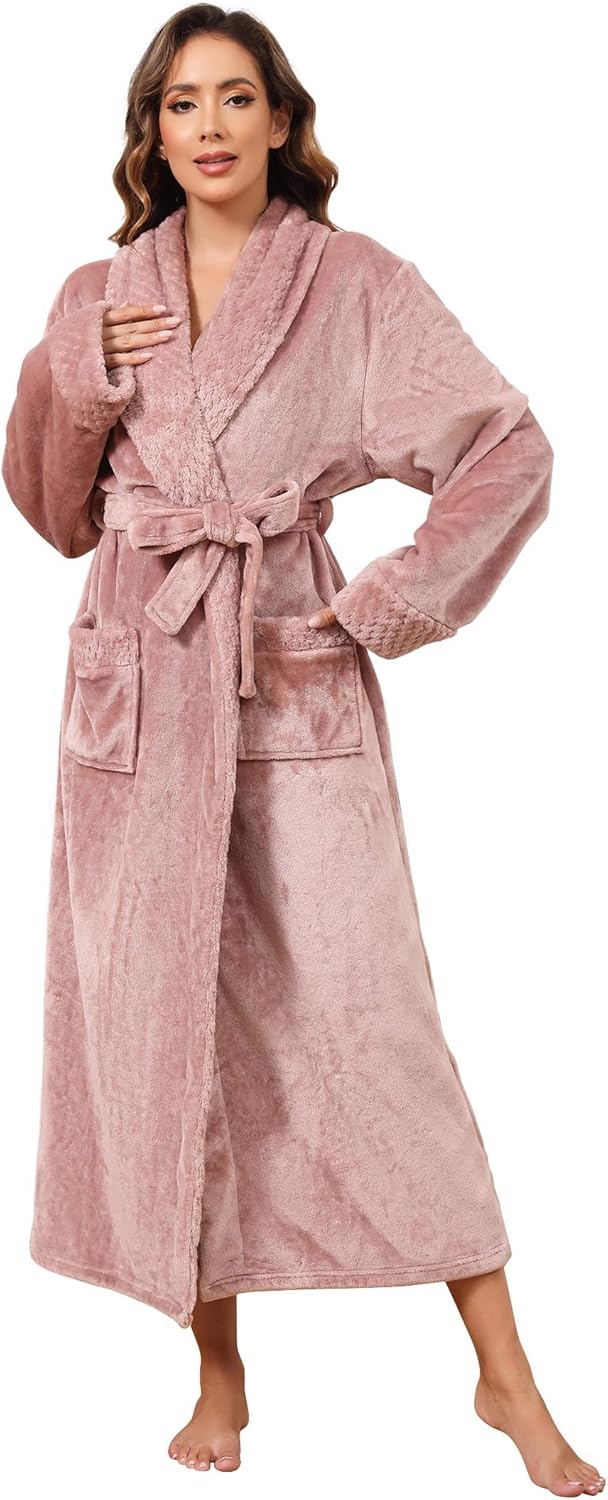 Hellomamma Long Bath Robe for Womens Plush Soft Fleece Bathrobes Nightgown Ladies Pajamas Sleepwear Housecoat