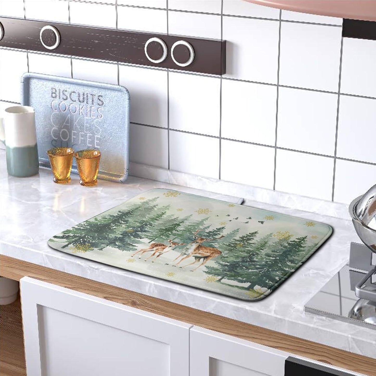Reindeer Tree Snowflakes Christmas Dish Drying Mats for Kitchen Counter 18x24 Inch Winter Forest Dish Drainer Mats Absorbent Reversible Dish Draining Microfiber Dishes Drying Pad