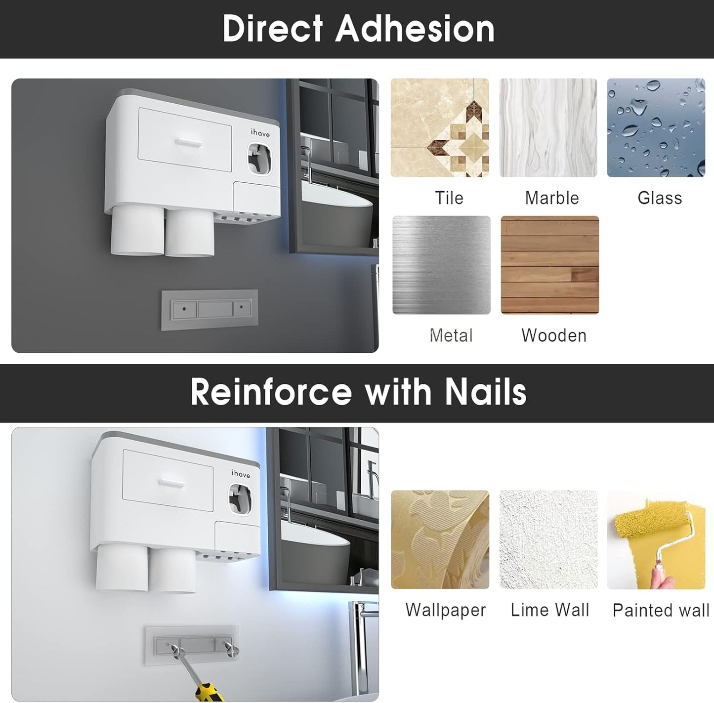 iHave Toothbrush Holders for Bathrooms, 2 Cups Toothbrush Holder Wall Mounted with Toothpaste Dispenser - Large Capacity Tray, Cosmetic Drawer - Bathroom Decor & Bathroom Accessories