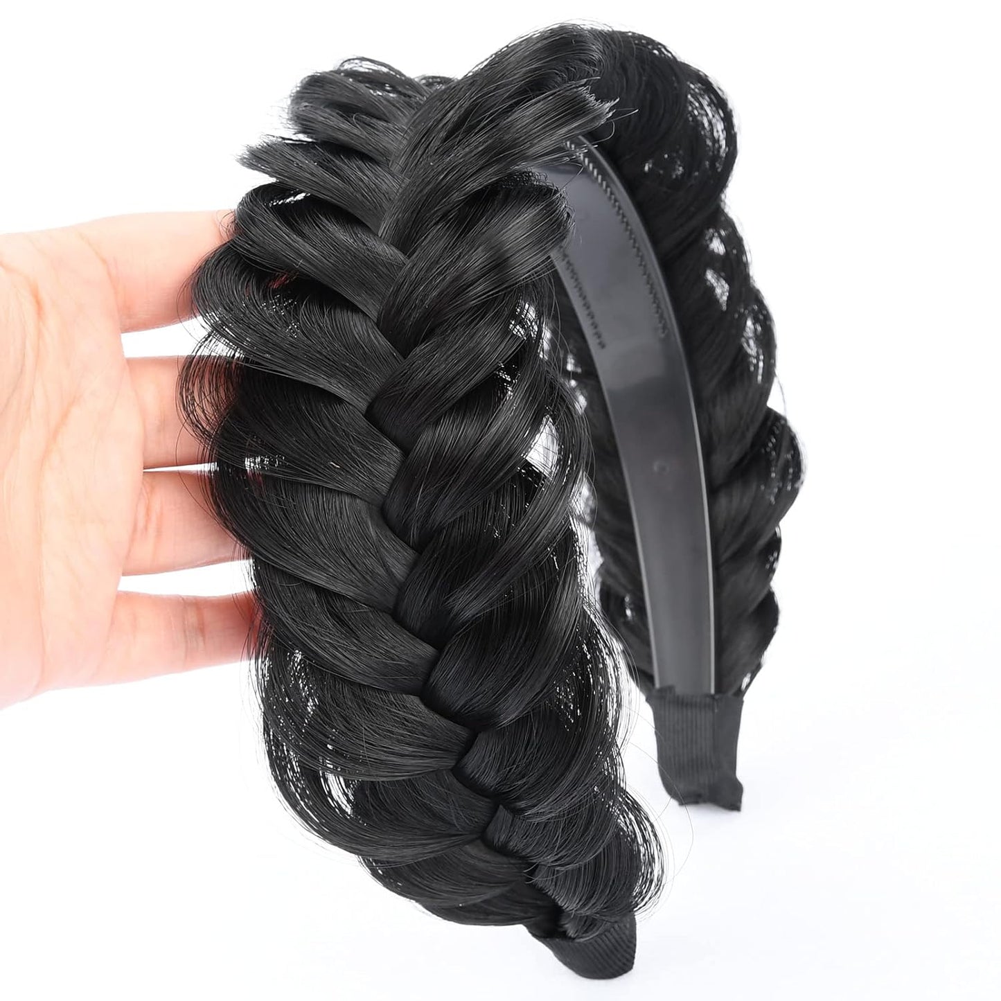 DIGUAN Wide Messy Braided Headband With Teeth Synthetic Hair Plaited Headband High Elasticity Braids Chunky Fishtail Braided Hair Band Hairpiece for Girls Women (Natural Black)