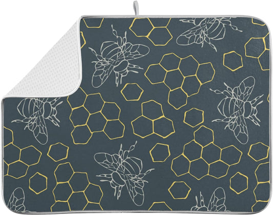 Dish Drying Mat for Kitchen Counter Bees Golden Hive Absorbent Microfiber Drying Pad Dish Drainer Mat 18 x 16 Inch Reversible Bottles Dish Dry Pad