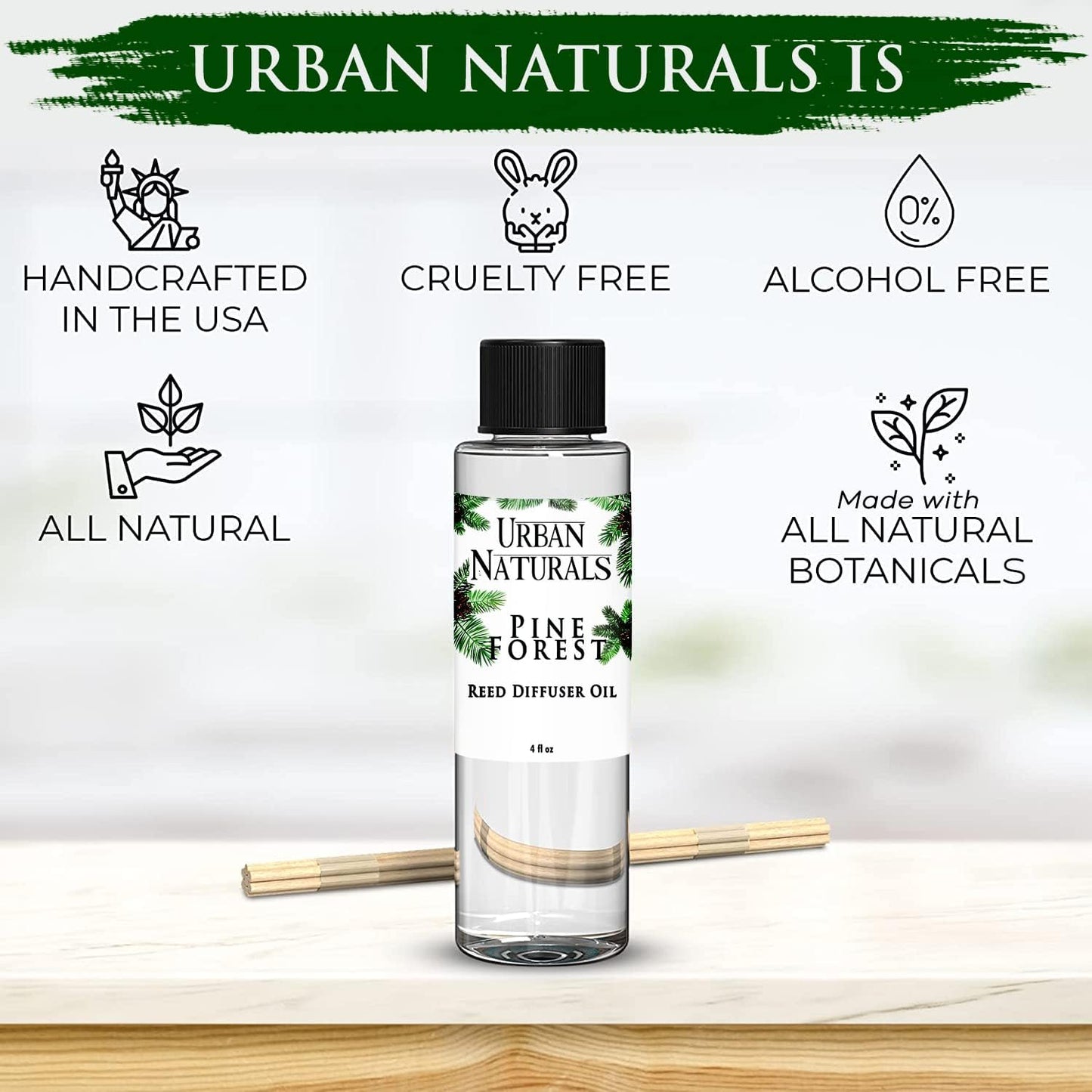 Urban Naturals Reed Diffuser Oil Refill Pine Forest, Fir Needles, Fresh Pine, Holiday Tree Aroma, 4 oz + Free Reed Sticks, Made in The USA