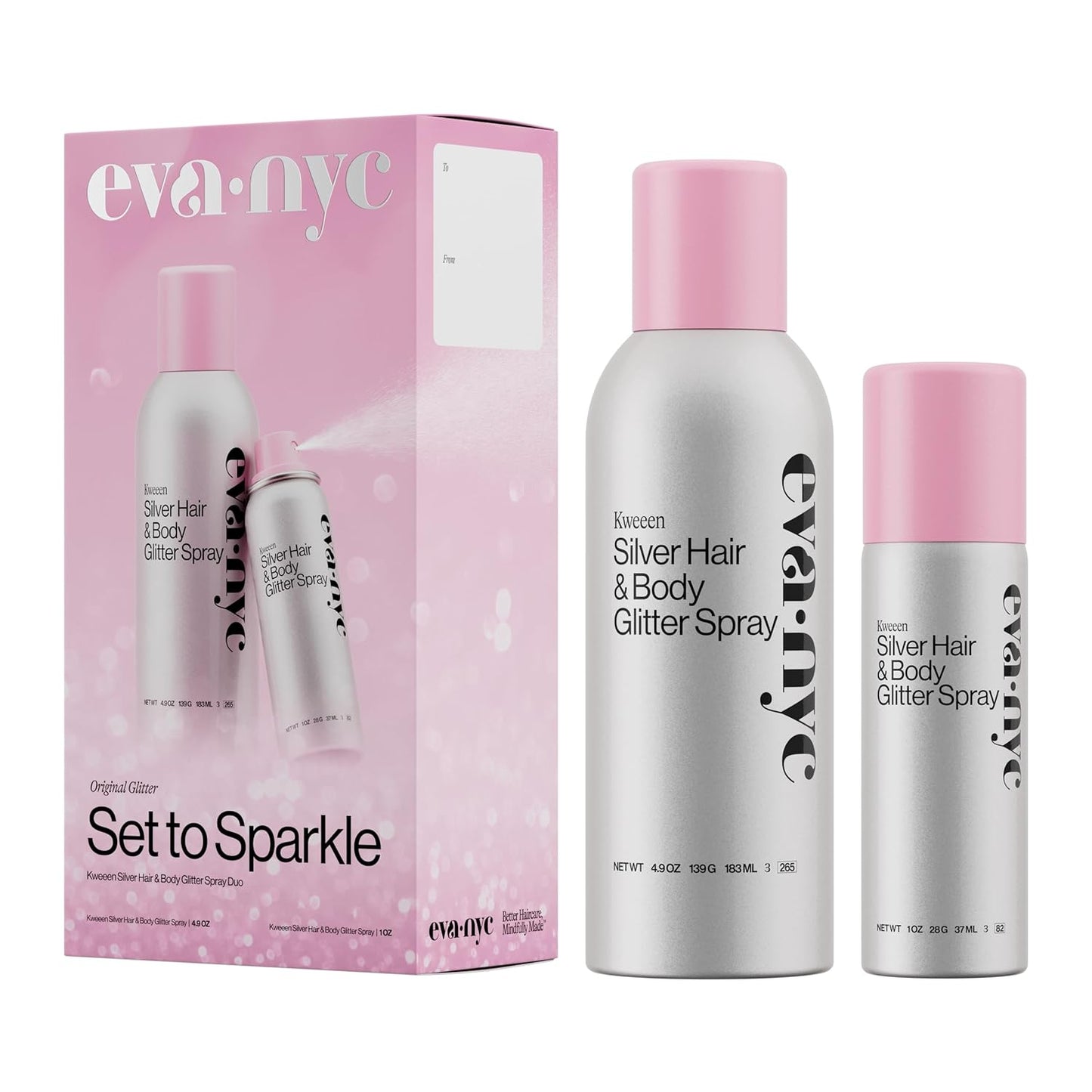 Eva NYC Kweeen Silver Hair and Body Glitter Spray Set - Original Ultra Shimmery Glitter, New Look - Adds Shine + Non-Sticky - Quick Drying Spray - Warm Vanilla Scent - Full Size + Travel Size Gift Set