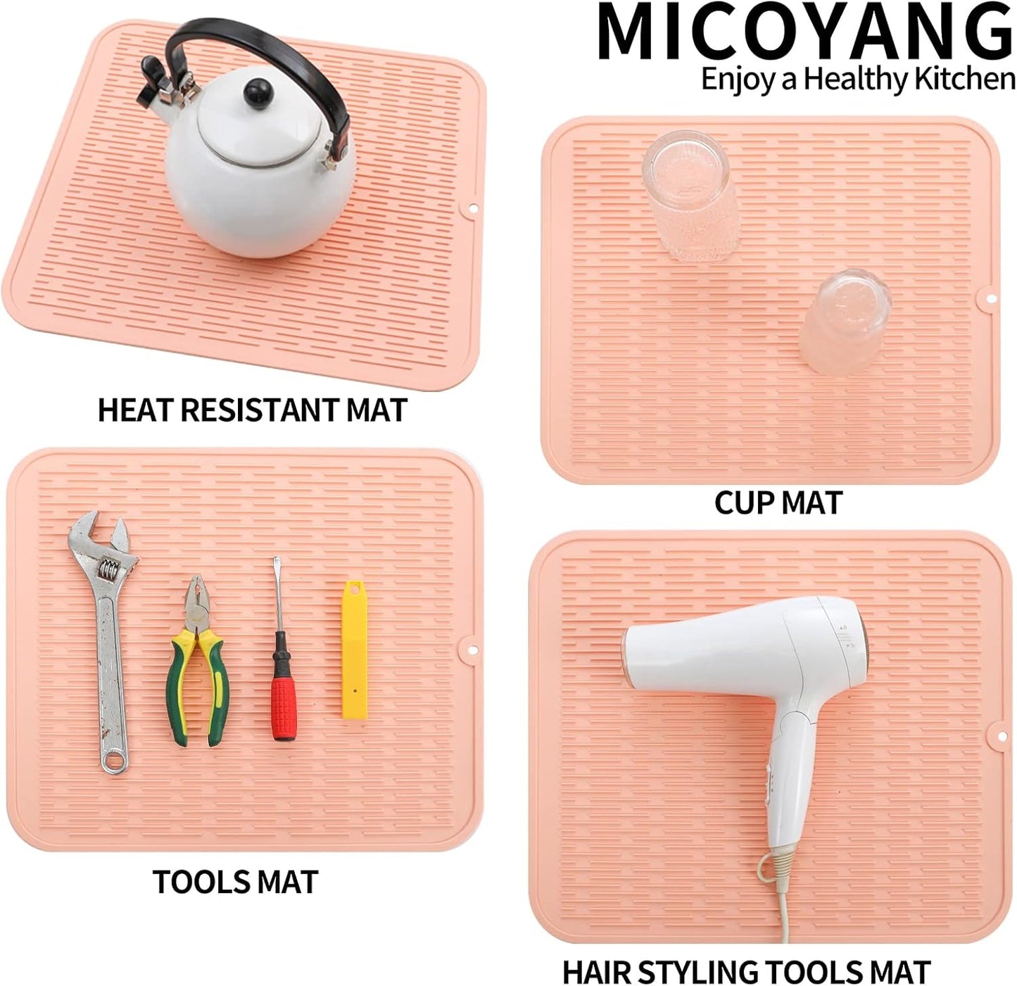 Silicone Dish Drying Mat for Multiple Usage,Easy clean,Eco-friendly,Heat-resistant Silicone Mat for Kitchen Counter or Sink,Refrigerator or Drawer Liner Pink XL 18 inches x 16 inches