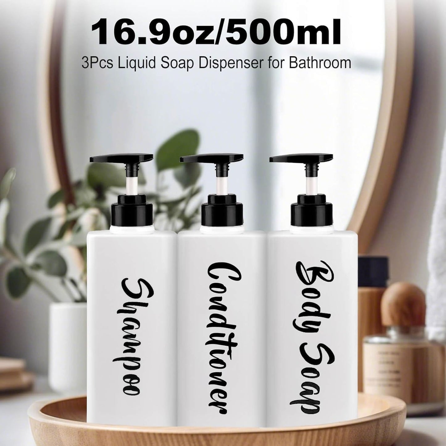 16.9oz Shampoo and Conditioner Dispenser, Refillable Shampoo Bottles with Pump, Empty Plastic Body Wash Dispensers for Bathroom, Printed Soap Bottle for Body and Conditioner (White, Set of 3)